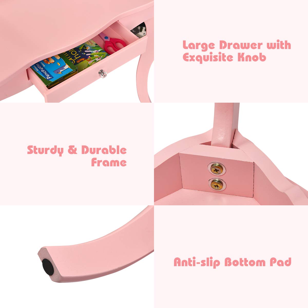 Costzon Kids Wooden Vanity Table & Stool Set - 2 in 1 Detachable Design with Dressing Table & Writing Desk, Princess Makeup Vanity with 180° Folding Mirrors for Girls (Pink) - Perfect for Bedroom Decor, Pretend Play & Gift for Toddlers
