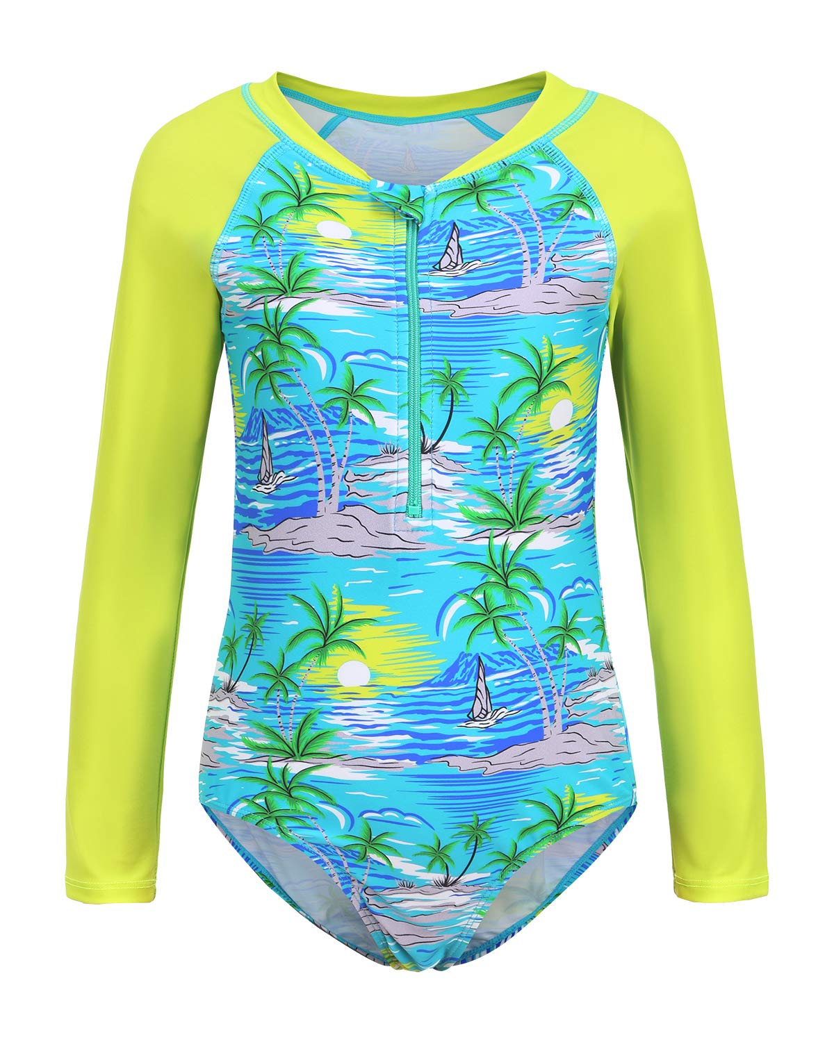 Girls Long Sleeve Rash Guard Swimsuits UPF 50+ Sun Protection - Hawaiian Print One Piece Bathing Suit for Kids | Beach, Pool & Summer Water Activities