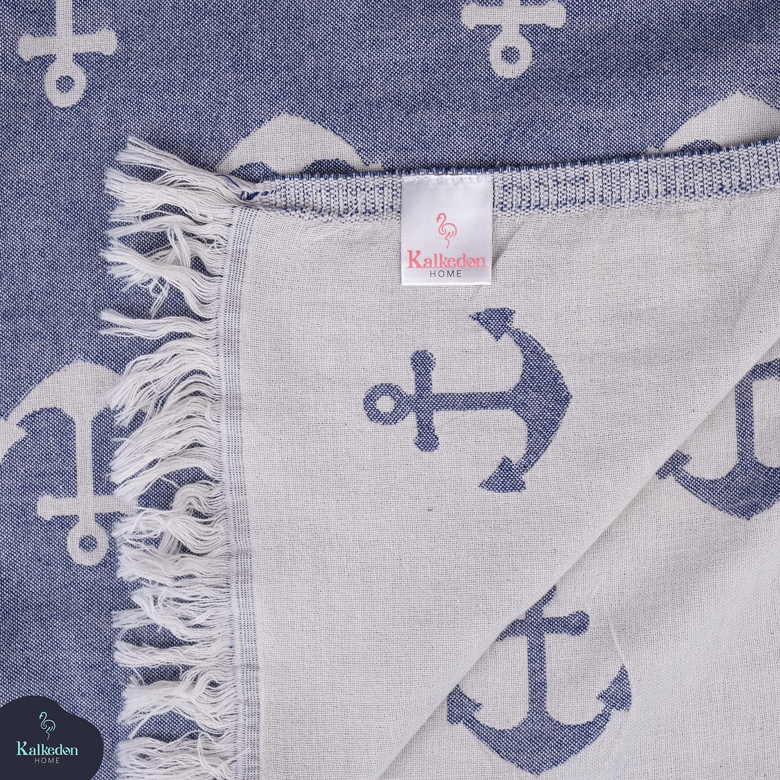 Double Sided Anchor Sand Free Beach Towel - Premium Organic Turkish Cotton Sarong & Peshtemal for Beach, Pool, Bath & Travel - Soft Quick Dry Blanket in White & Blue