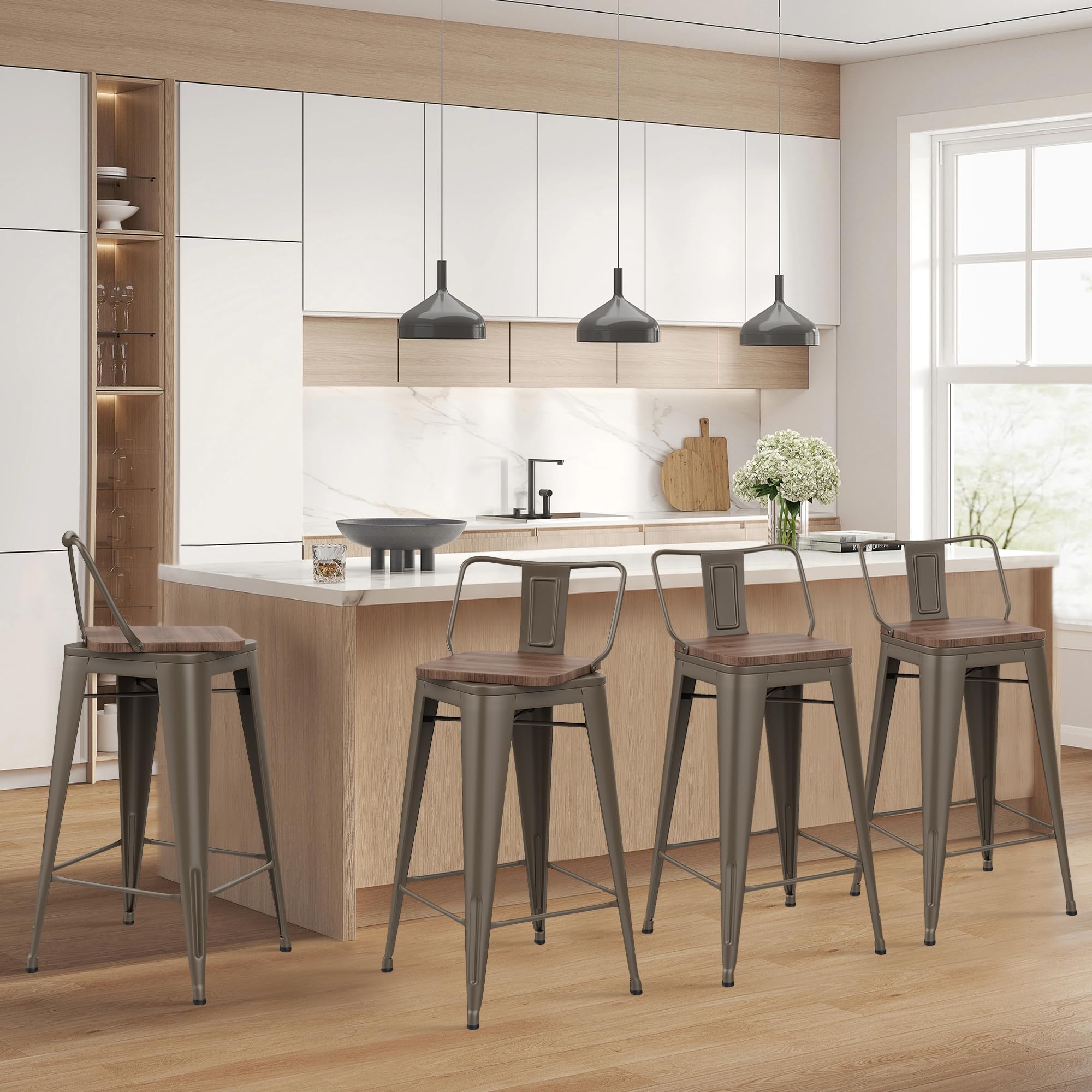 HAOBO Industrial Swivel Bar Stools Set of 4 - 24 Inch Metal Bar Height Stools with Rustic Finish - Perfect for Kitchen Island, Home Bar & Dining Room Counter