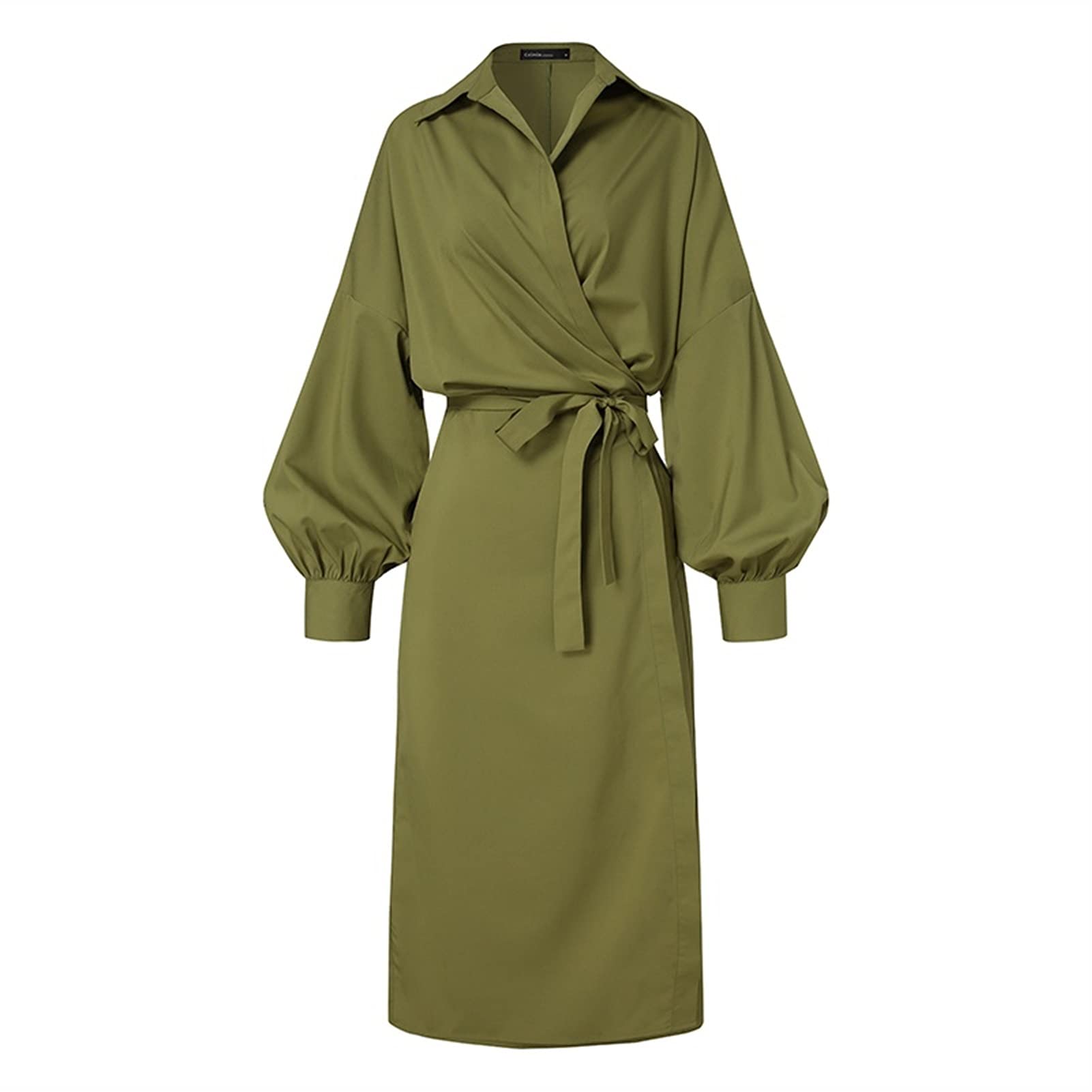 Elegant Women's Maxi Dress with Lapel Long Sleeve - Loose Casual Solid Shirt Dress for Autumn (Green, Size L) | Perfect for Fall Weddings, Office Wear & Holiday Parties