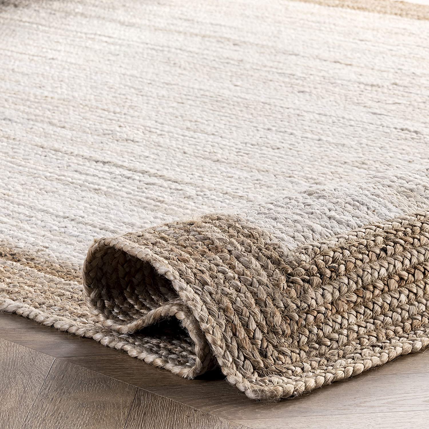 Hand Braided Jute Area Rug - Rectangle White & Beige Border - 7x11 Feet - Eco-Friendly Natural Fiber Carpet for Living Room, Bedroom, Indoor & Outdoor Use - Perfect for Boho, Farmhouse & Coastal Decor Styles