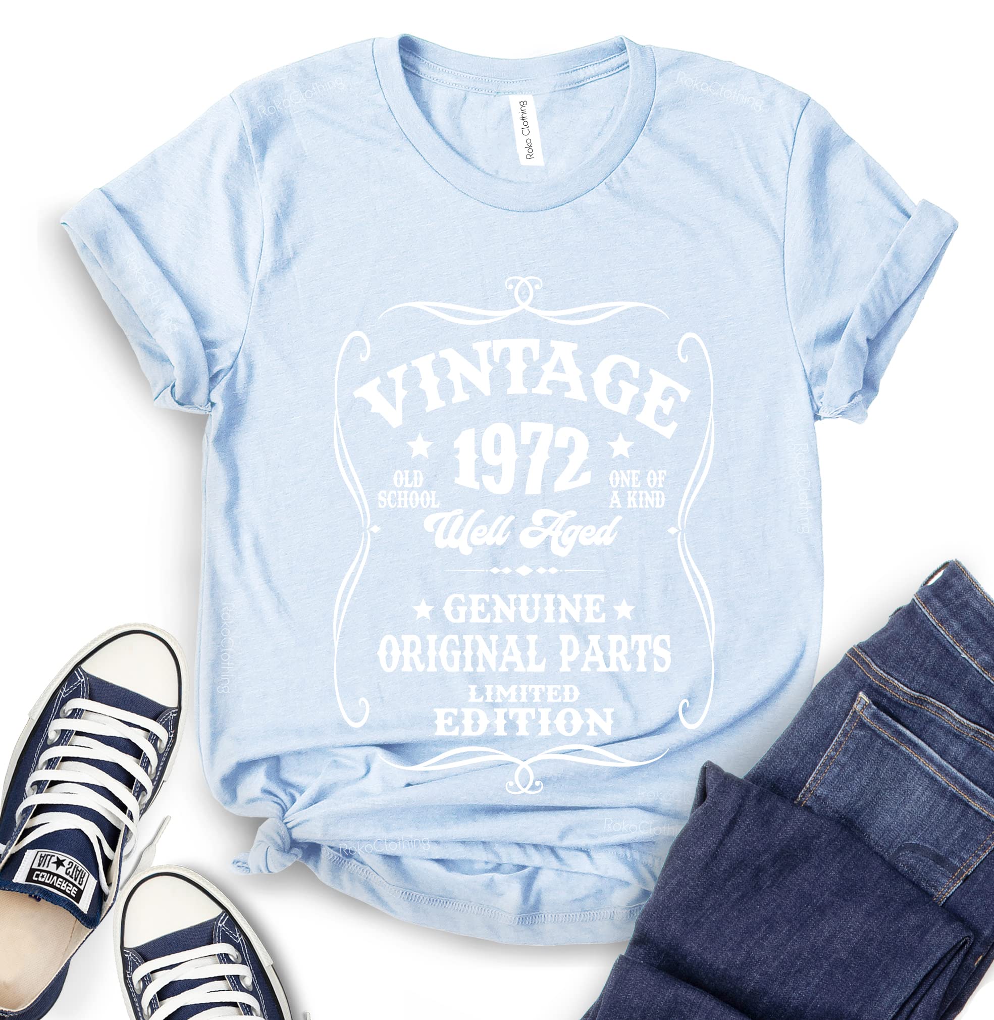 ROKO CLOTHING Vintage 1972 Graphic T-Shirt - Short Sleeve Retro Birthday Shirt for Women & Men - Perfect 50th Birthday Gift Idea for Parties & Special Occasions