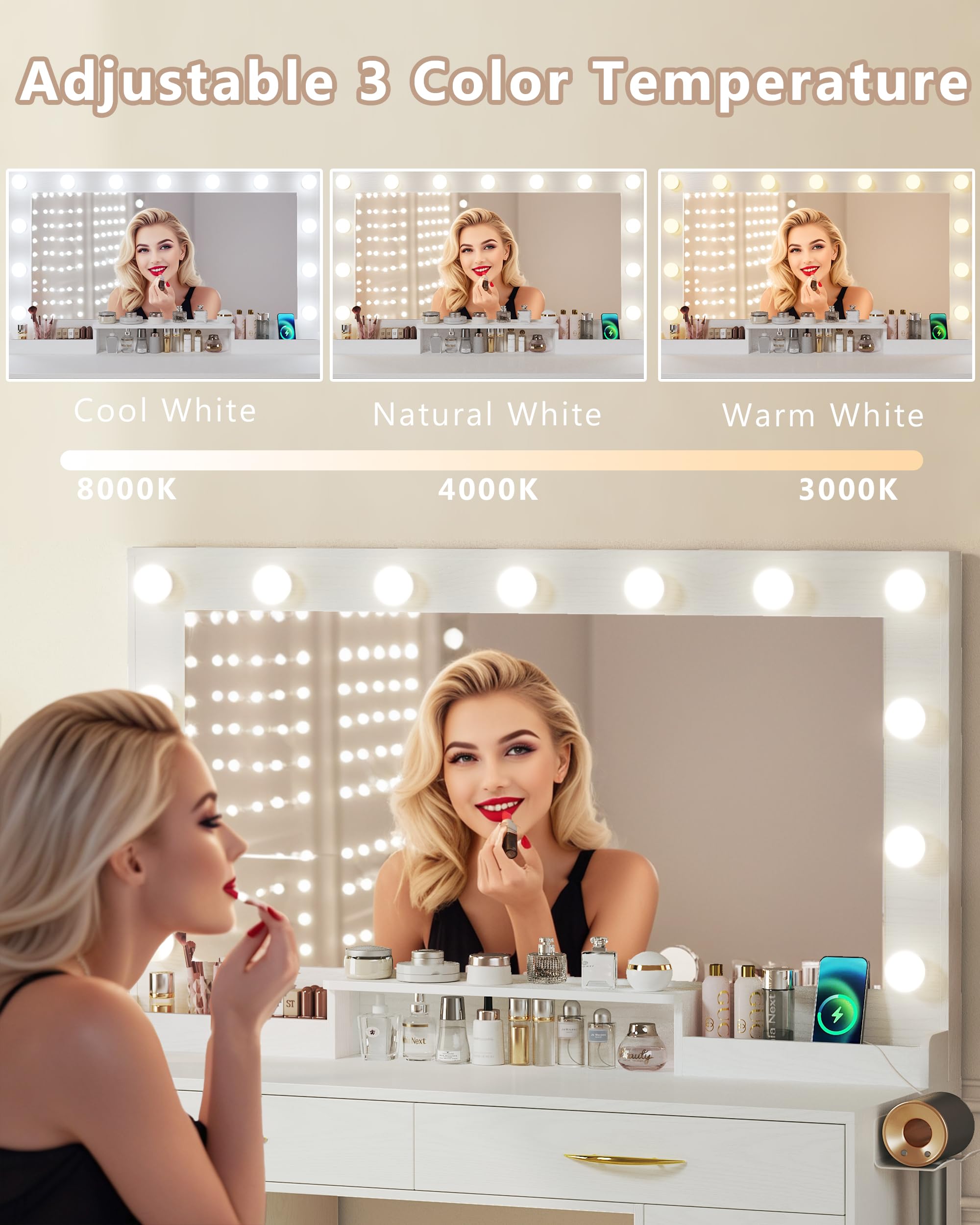 White Makeup Vanity Desk with LED Lights & Large Mirror - Adjustable 3-Color Lighting, Power Outlets & Spacious Drawers - Perfect Dressing Table for Bedroom, Beauty Salon, or Home Studio