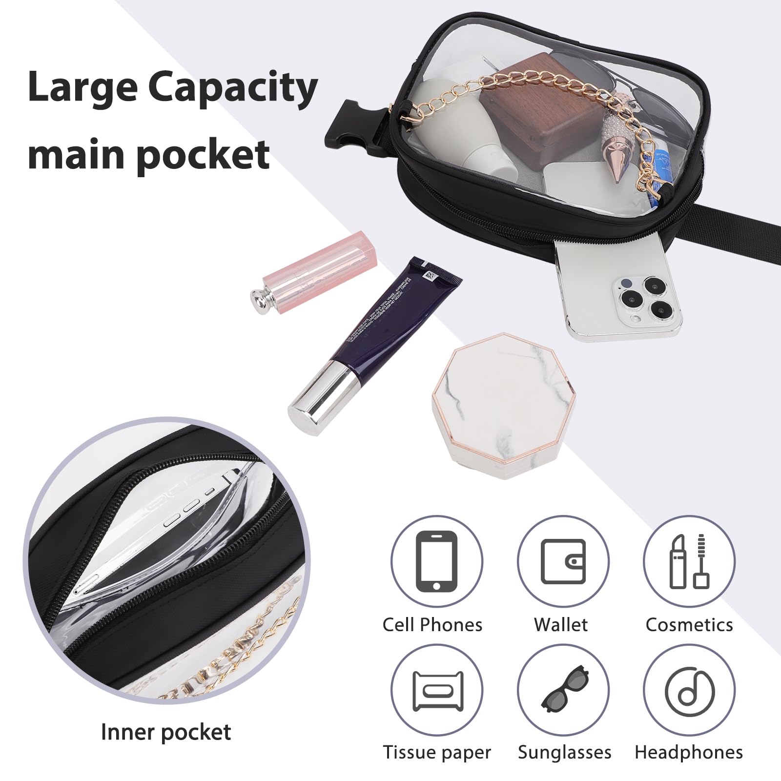 TINYAT Clear Fanny Pack for Women - Waterproof Waist Bag, See-Through PVC Crossbody Purse, Stadium Approved Belt Bag | Perfect for Concerts, Travel, Running & Outdoor Activities