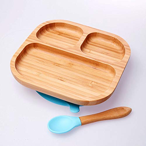 Non-Slip Bamboo Suction Plate for Toddlers - Cute Baby Dish with Strong Suction, BPA-Free Dinnerware for Kids (Blue) - Perfect for High Chairs, Travel & Mess-Free Meals