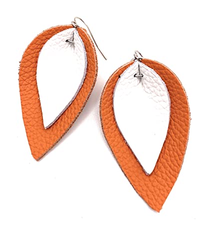 Layered Leather Leaf Earrings for Women - White on Orange - Boho Chic Handmade Jewelry for Casual & Party Wear