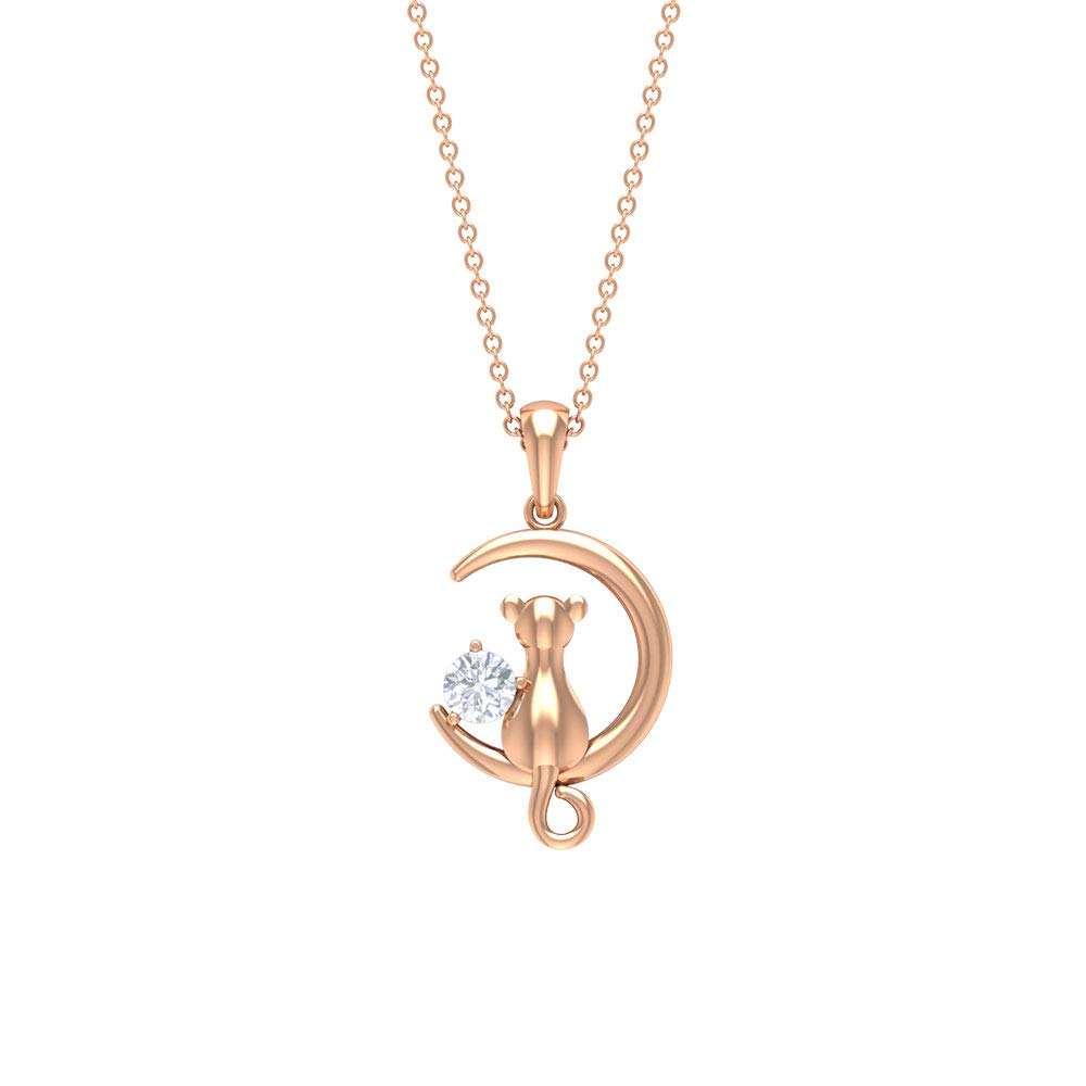April Birthstone - 1/4 CT Diamond Crescent Moon Cat Pendant Necklace, 14K Solid Gold Dainty Jewelry for Women, Perfect Gift for Birthday, Anniversary & Valentine's Day | Elegant Everyday Wear & Special Occasions