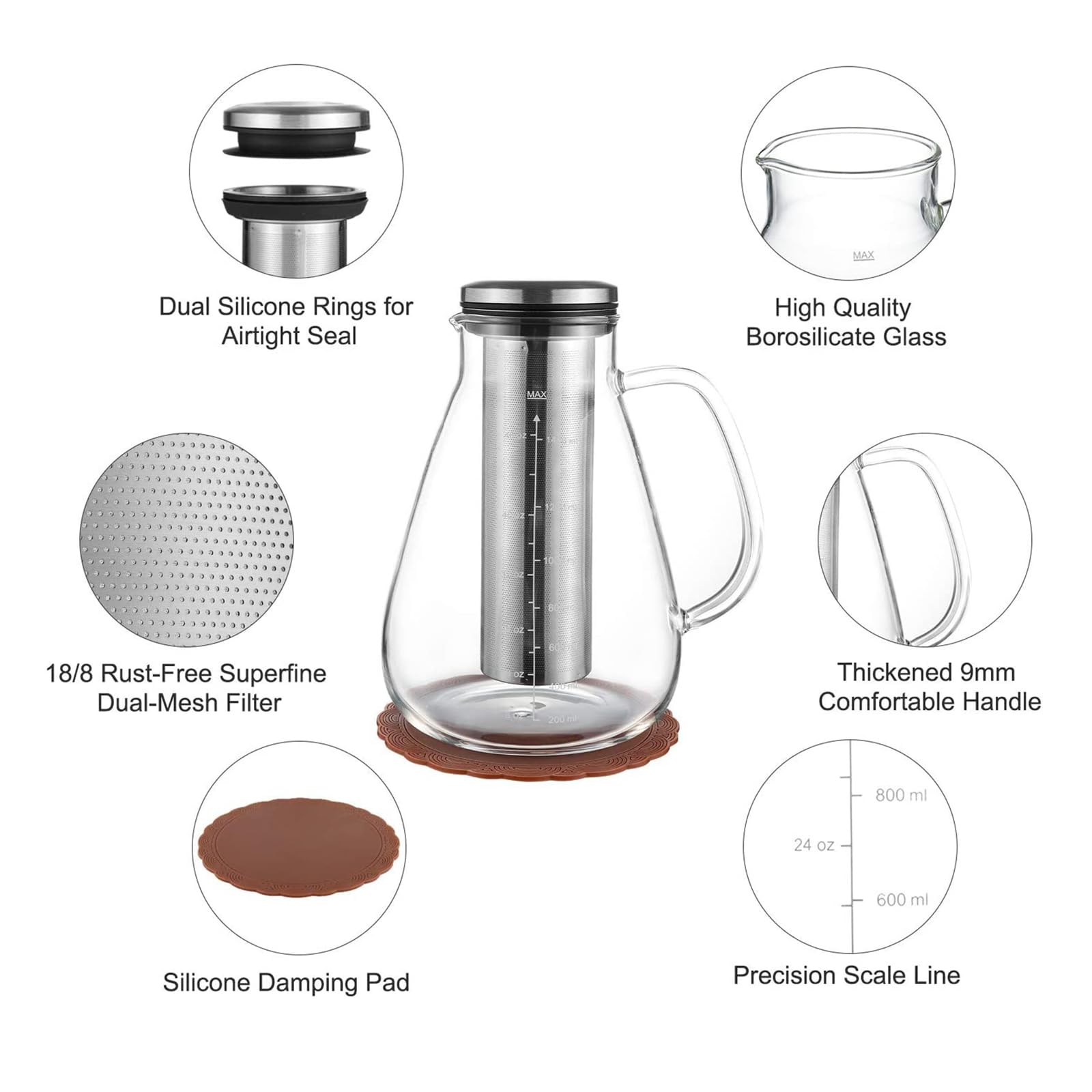 Premium Cold Brew Coffee Maker 51oz - BPA-Free Glass Pitcher with Removable 304 Stainless Steel Double Mesh Filter - Iced Coffee & Tea Infuser for Home, Office, and Outdoor Use
