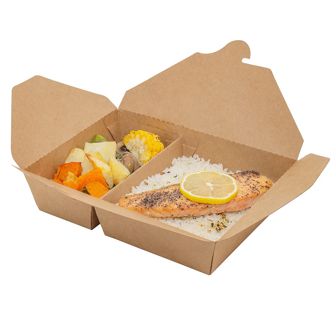Eco-Friendly 50oz Kraft Paper Take Out Containers - 200 Pack of 2-Compartment Greaseproof Food Boxes with Secure Tab-Lock Closure | Perfect for Restaurants, Catering & Meal Prep | Safe for Hot/Cold Foods, Burgers, Salads & Leftovers