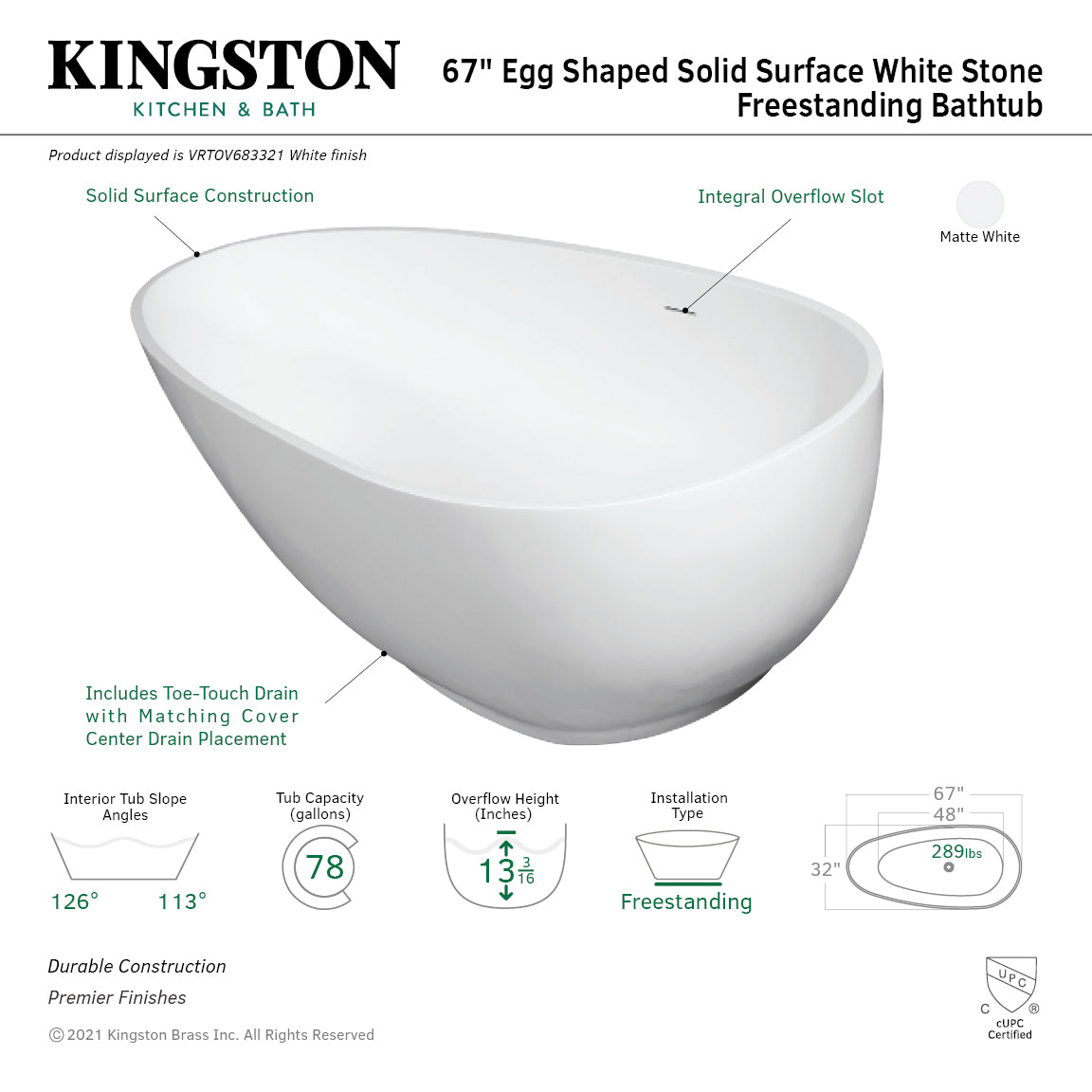 Arcticstone 67 Inch Freestanding Double Ended Bathtub - Egg Shaped Solid Surface Soaking Tub with Drain (Glossy White/Matte White) for Luxury Bathroom & Spa Relaxation