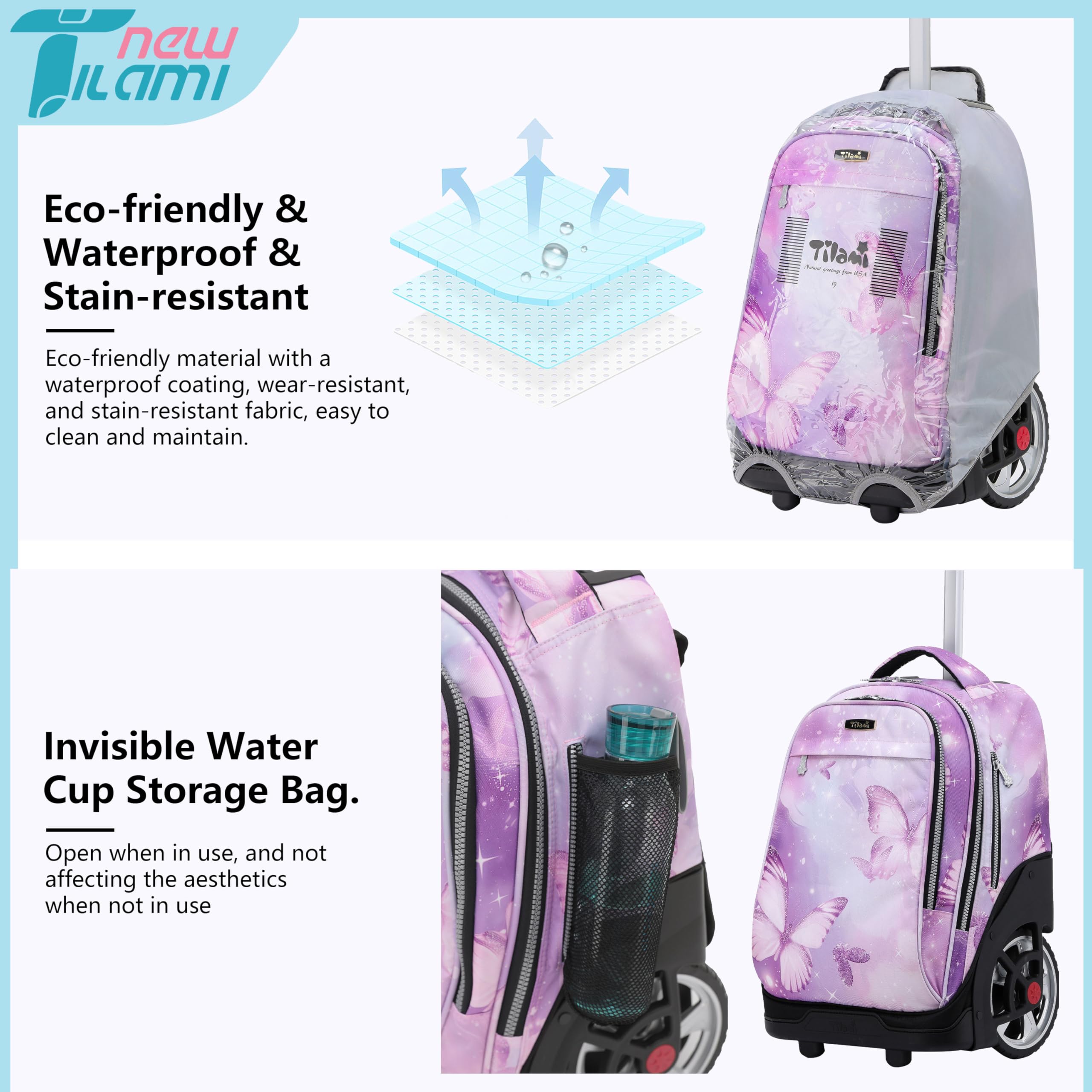 TILAMI 19 Inch Rolling Backpack with Lunch Bag - Wheeled Laptop Backpack for School & Travel, Kids & Teens (Evening Butterfly Pattern, No USB Port) - Perfect for Commuting, Air Travel, and Daily School Use
