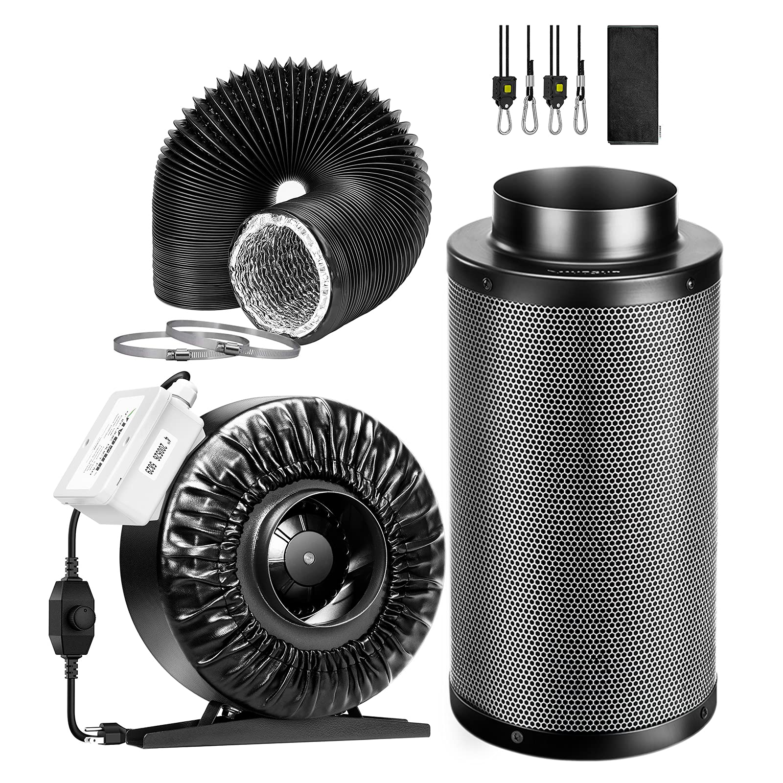VIVOSUN 4 Inch 203 CFM Grow Tent Ventilation Kit with Inline Fan, Carbon Filter, 8ft Ducting & Rope Hangers - Complete Air Circulation System for Indoor Hydroponics, Greenhouse & Plant Cultivation