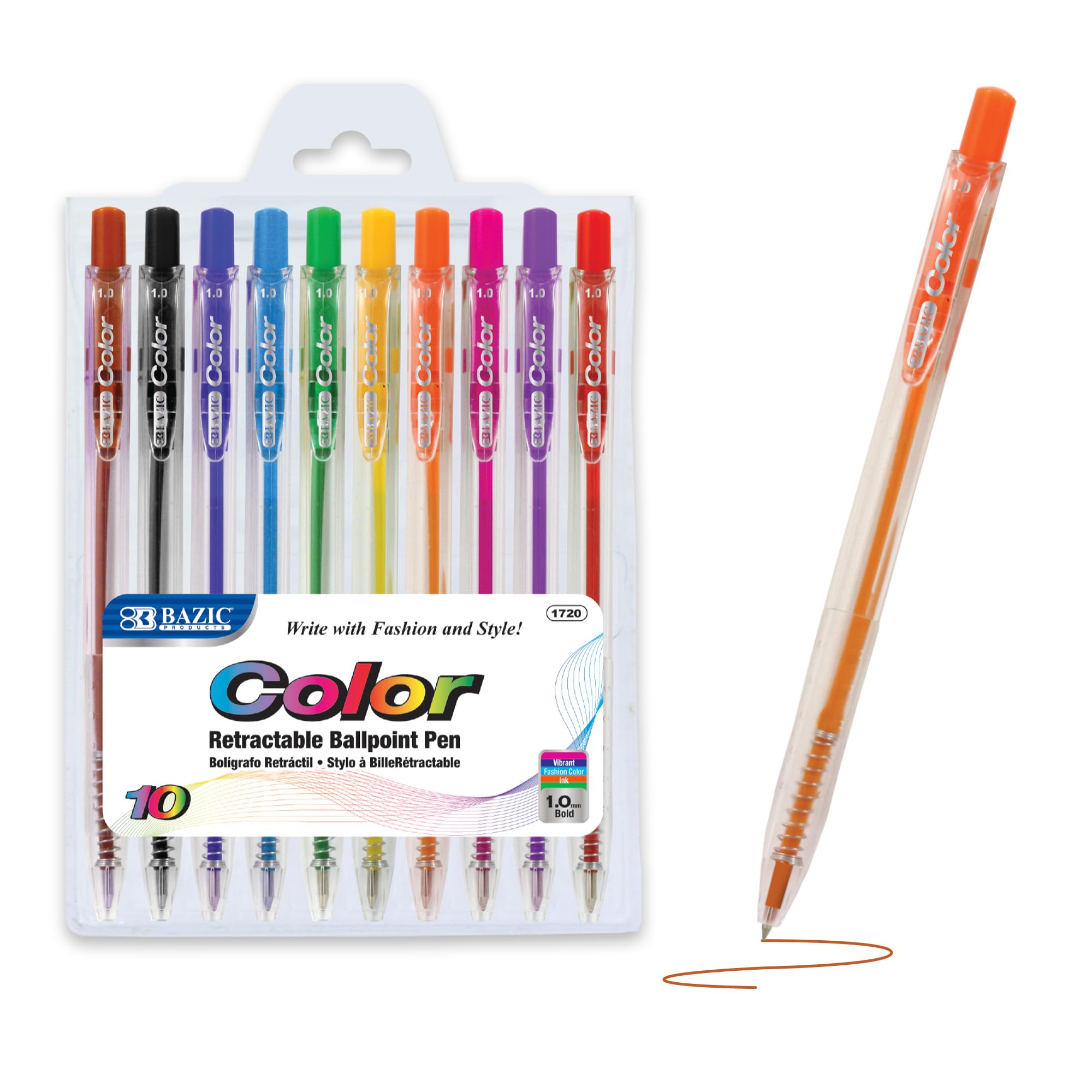 BAZIC 10-Color Retractable Ballpoint Pens, 1.0mm Bold Point Smooth Writing - 144-Pack (10 Pens per Pack) - Ideal for Teachers, Students, Office & School Supplies, Note Taking & Coloring