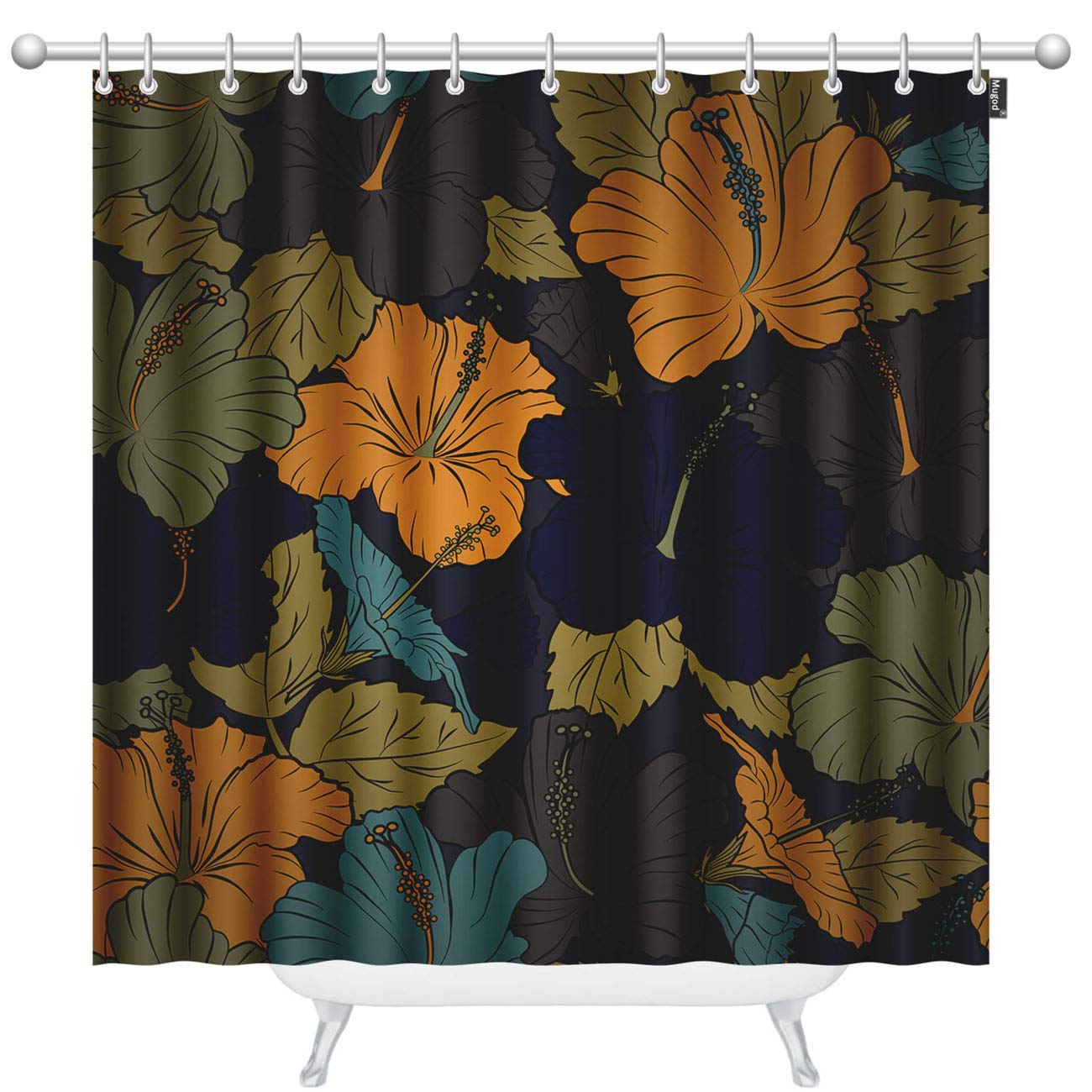 Floral Shower Curtain - Watercolor Hibiscus Print in Orange, Brown & Black - Waterproof Fabric Bathroom Decor with 12 Hooks (72x72 Inches) - Perfect for Coastal, Tropical or Boho Style Bathrooms