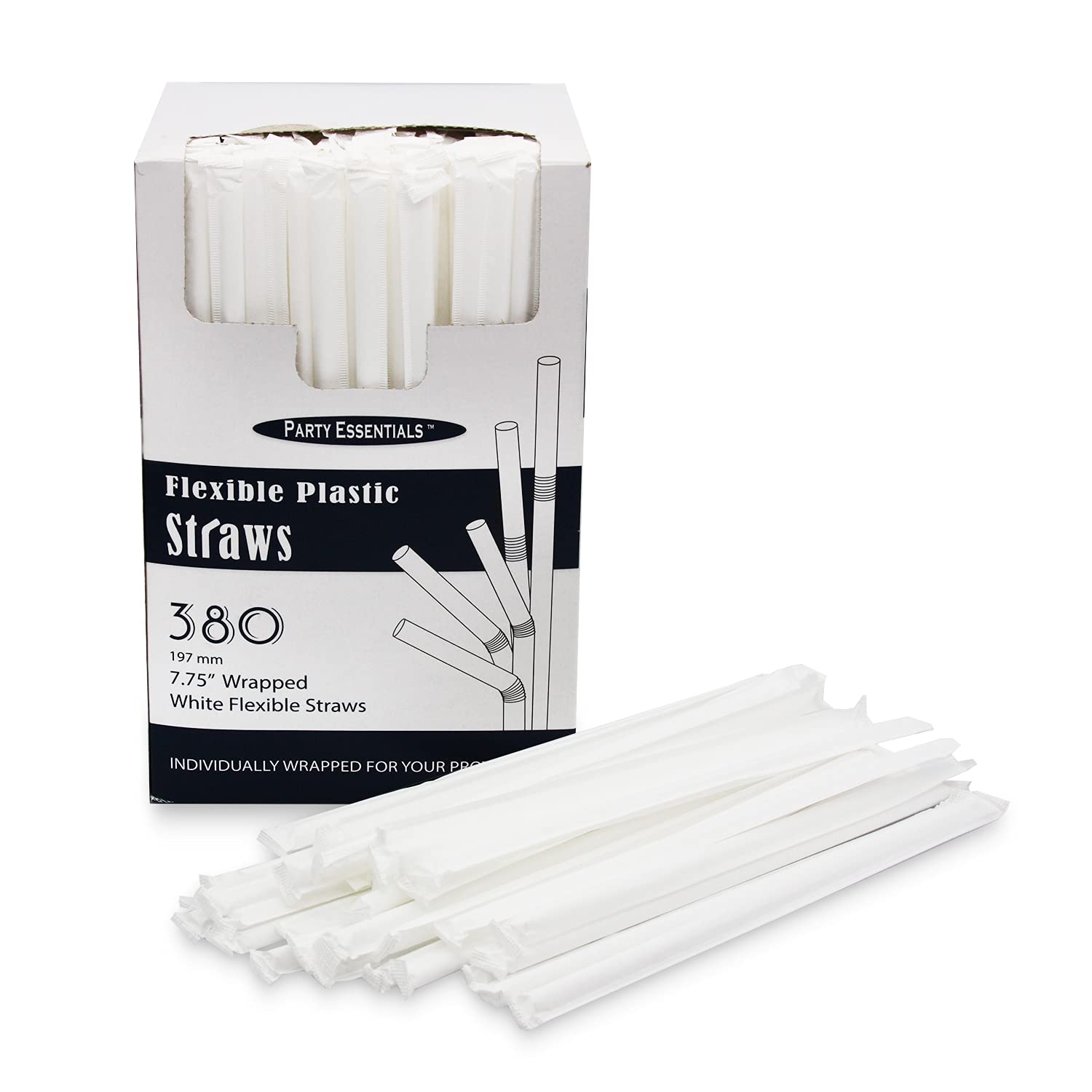 Individually Wrapped 7.75-Inch Disposable White Plastic Drinking Straws - 25 Packs of 380 (9,500 Straws) - Perfect for Parties, Restaurants, Cafes, and Events