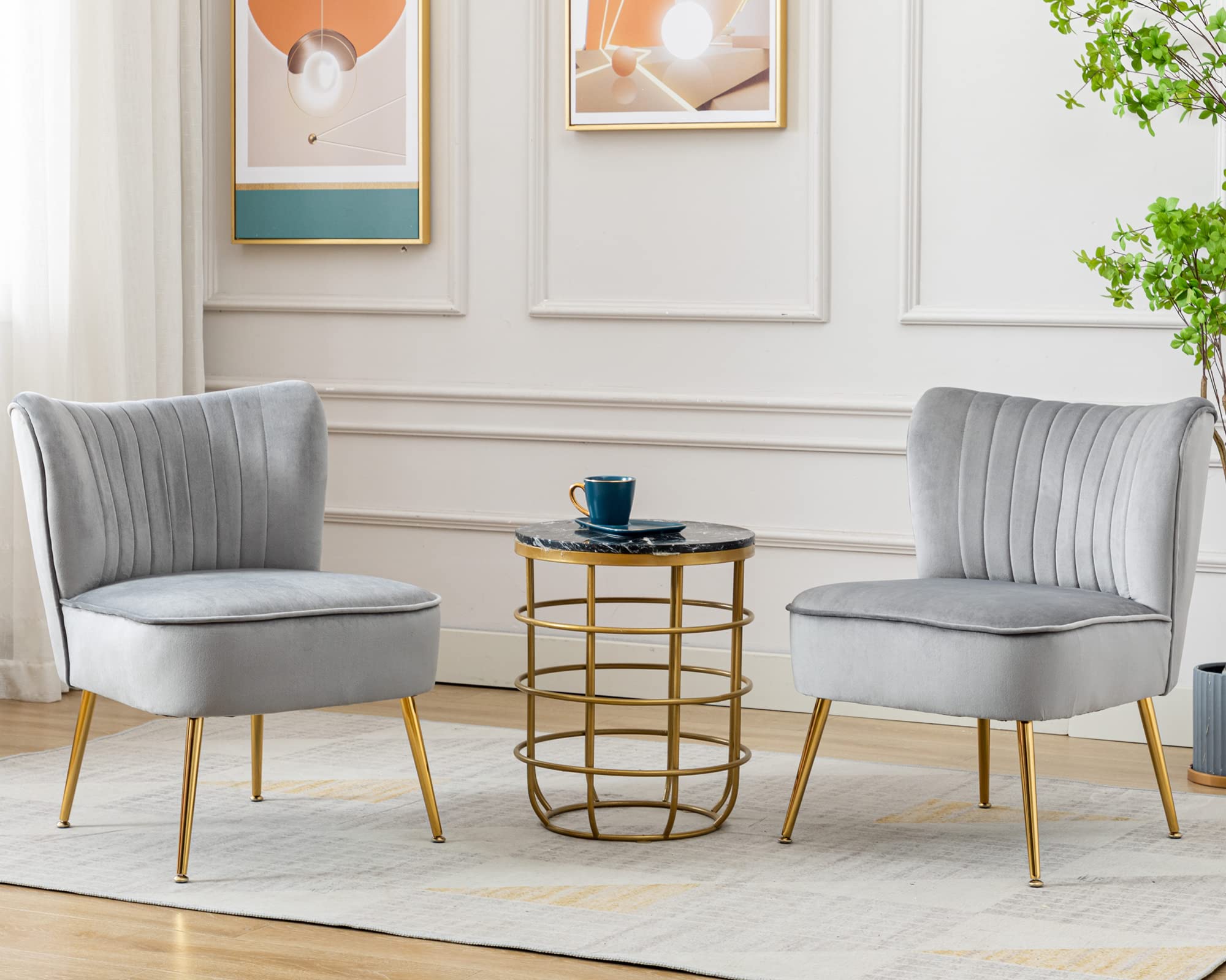 Janoray Velvet Accent Chair Set of 2 - Mid Century Modern Armless Slipper Chairs with Golden Legs, Comfortable Living Room Seating for Bedroom, Guest Room & Lounge Areas (Grey) - Perfect for Small Spaces, Reading Nooks and Cozy Conversation Areas