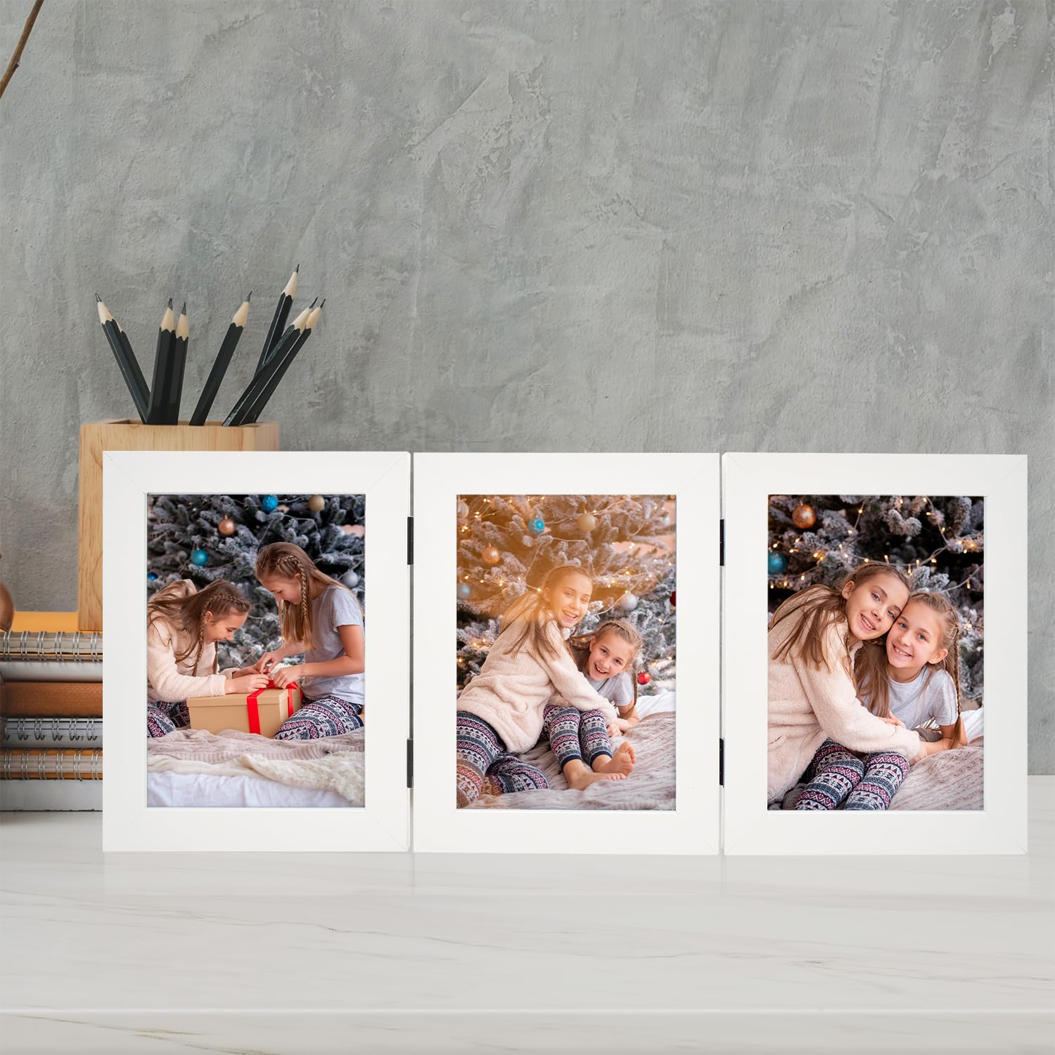 Frametory 5x7 Triple Picture Frame - Trifold Collage Photo Frame with Glass Front, Hinged Tabletop Display for Home & Office Decor (White, 1 Pack) - Perfect for Family Photos, Wedding Memories & Graduation Pictures