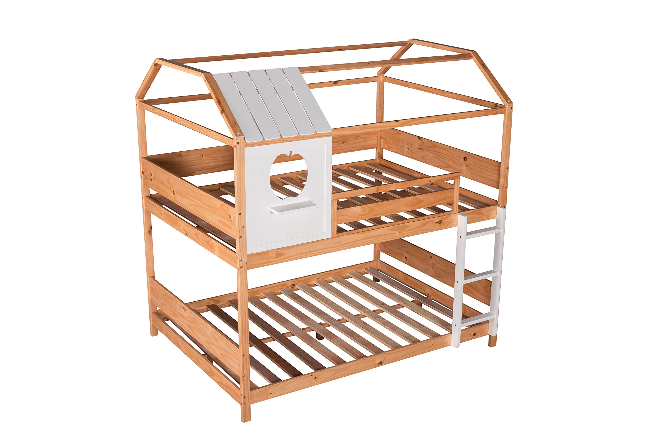 Full Over Full Size Solid Wood Bunk Bed with Window/Roof Design, Built-in Little Shelf & Full-Length Guardrail - Low Profile Frame, No Box Spring Needed - Perfect for Kids' Bedrooms, Guest Rooms & Small Spaces
