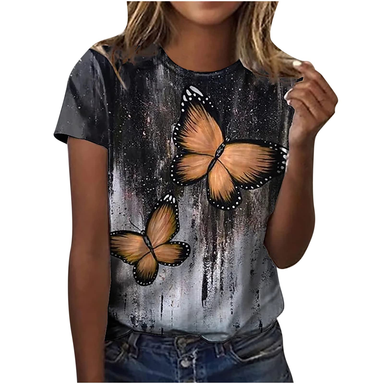 Women's Summer T-Shirts - Fashion Short Sleeve Ruched Crewneck Tunic Tee with Floral Print, Loose Fit Blouse for Casual Wear, Beach Outings & Everyday Comfort