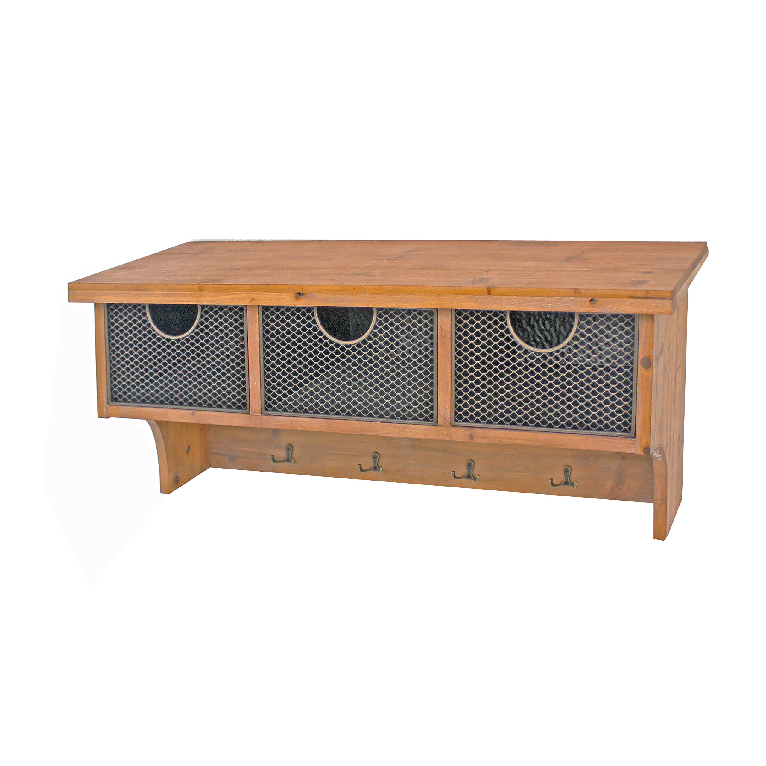 Benjara BM218344 Rustic Wooden Wall Shelf with 4 Hooks & 3 Wire Baskets - Farmhouse Entryway Organizer, Bathroom Storage, Kitchen Decor - 14.5 x 11 x 33 Inches, Brown