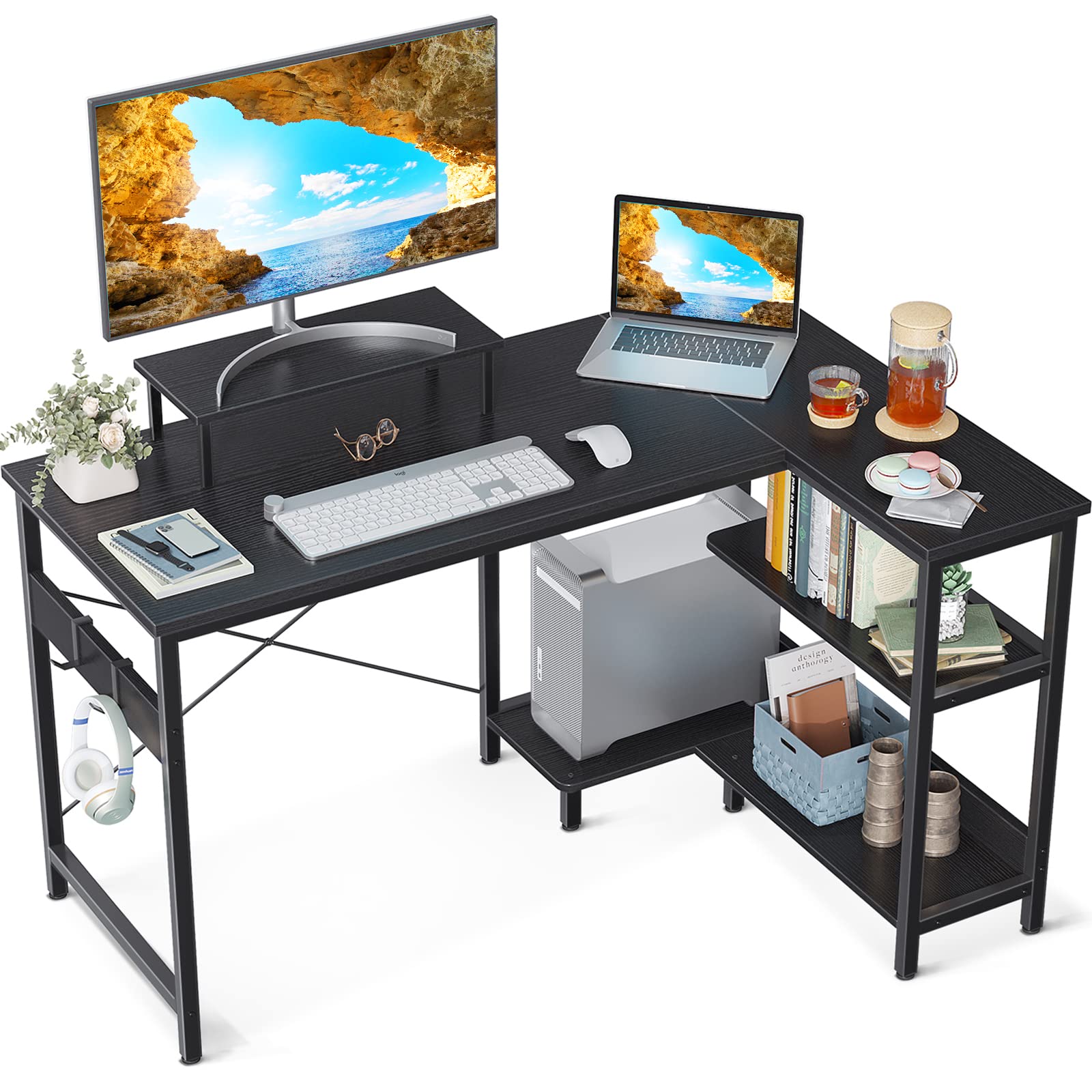 ODK 40 Inch L-Shaped Computer Desk with Reversible Storage Shelves & Monitor Stand - Space Saving Corner Desk for Home Office, Study Table with Modern Simple Design in Black - Perfect for Small Spaces, Gaming Setup & Remote Workstation