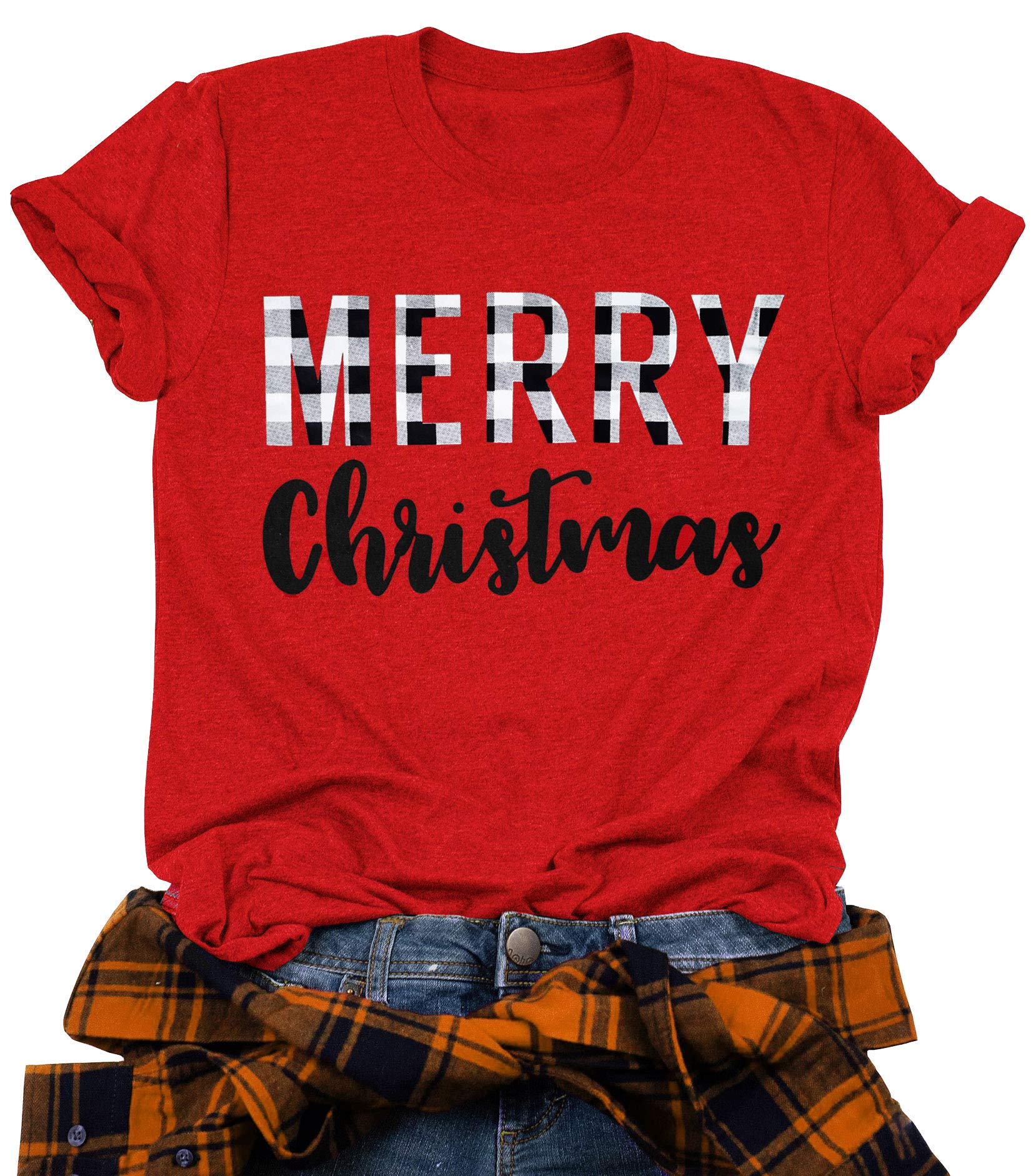 Festive Buffalo Plaid Christmas T-Shirts for Women - Holiday Letter Print Long Sleeve Tee for Xmas Party, Family Gathering & Winter Outfits