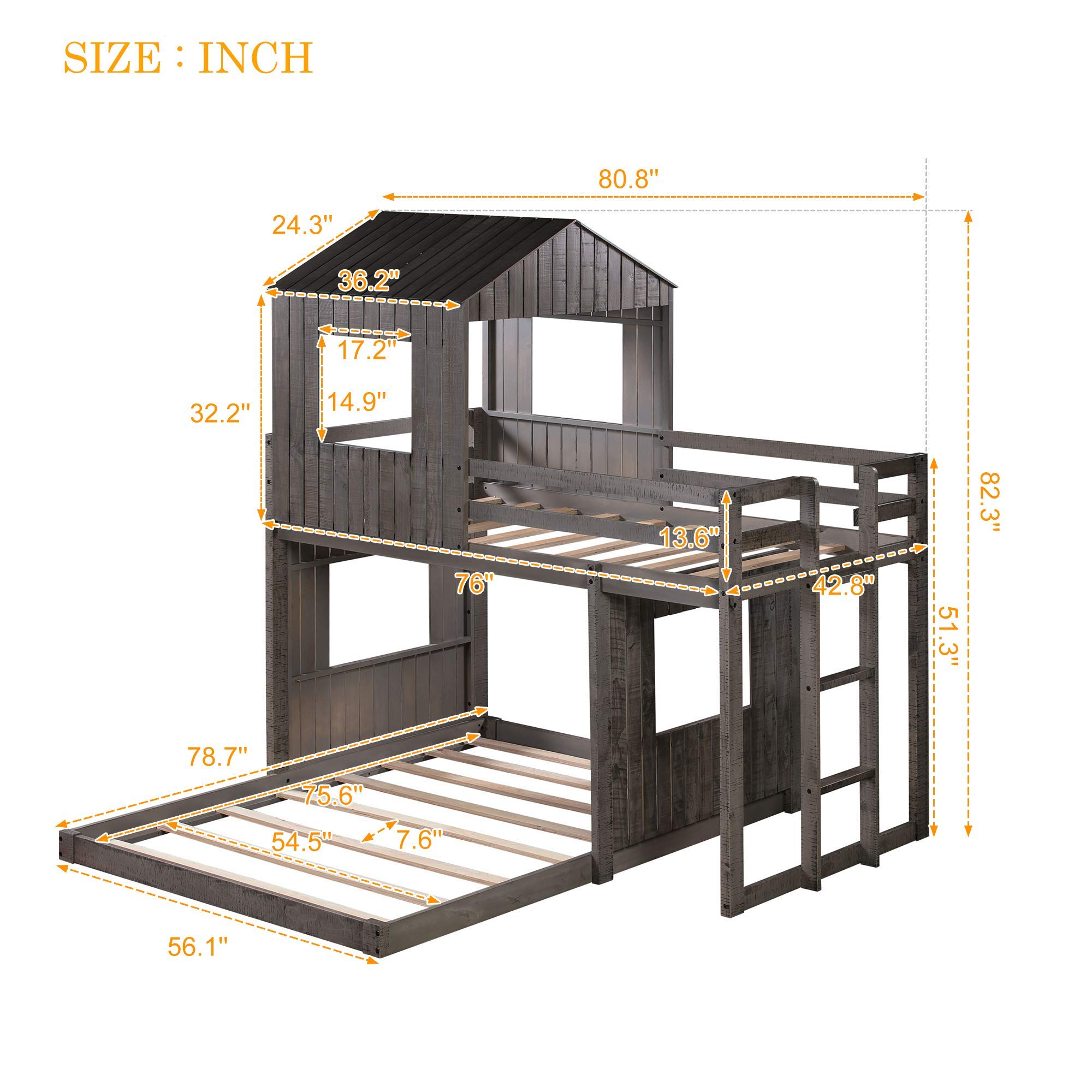 Solid Wood Twin Over Full Bunk Bed for Kids & Teens - Farmhouse Style Loft Bed with Playhouse, Safety Guardrails & Ladder - No Box Spring Needed (Antique Gray) - Perfect for Small Bedrooms, Guest Rooms & Kids' Play Areas