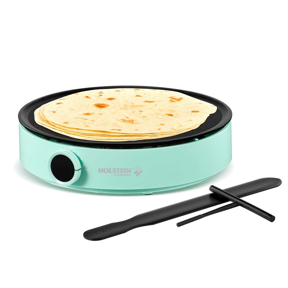 Holstein Housewares Compact Crepe Maker - Electric Non-Stick Pancake Maker with Cooking Indicator Lights, Perfect for Breakfast, Brunch & Desserts - Mint Green (Household Kitchen Appliance)
