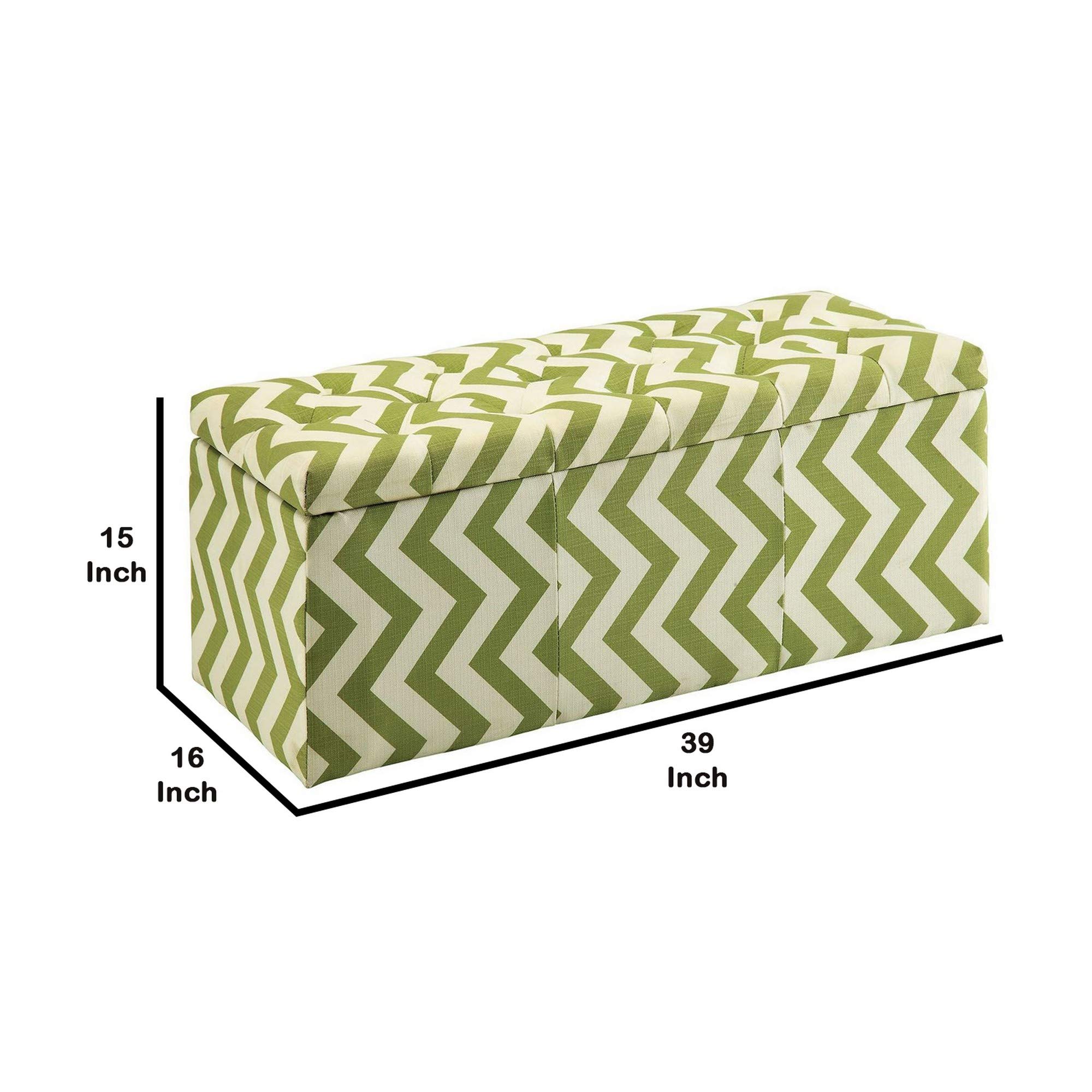 Benjara Green Chevron Pattern Fabric Rectangular Storage Bench - Perfect for Entryway, Bedroom, or Living Room Organization