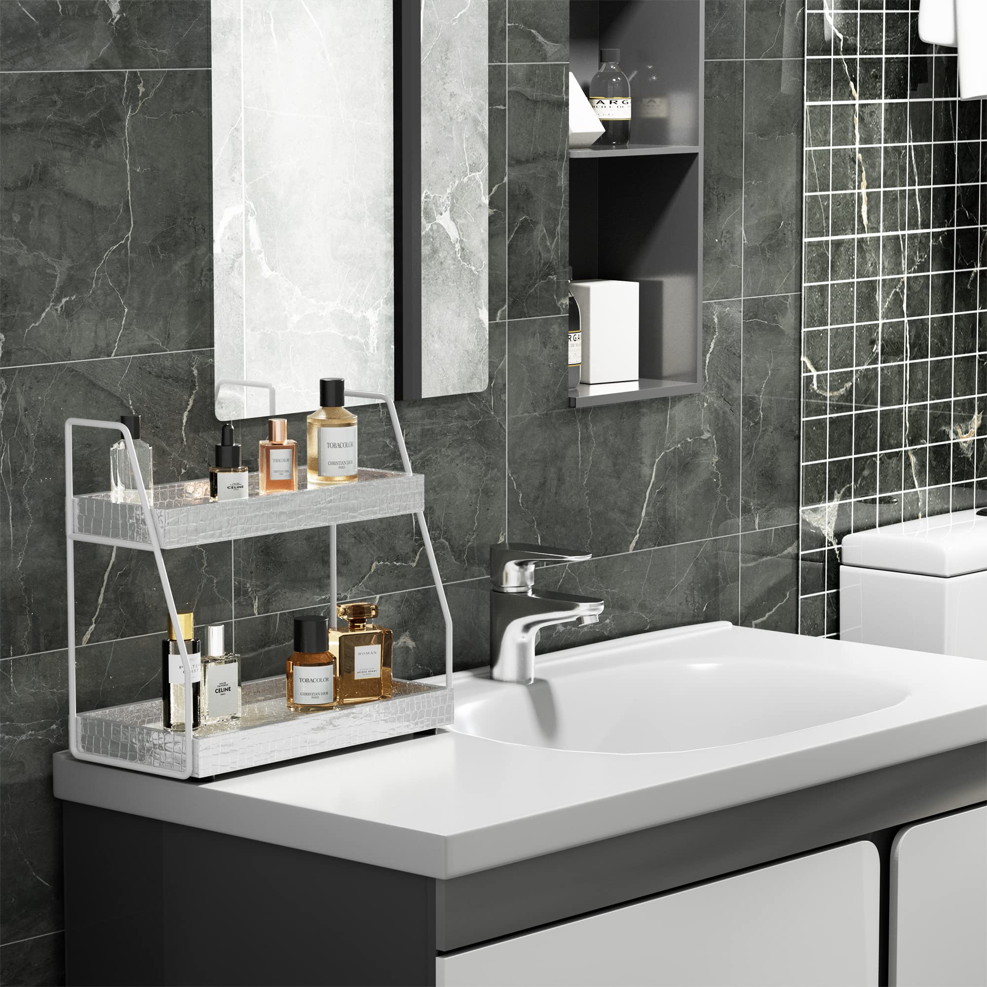 Premium 2-Tier Bathroom Countertop Organizer - Faux Leather Makeup & Vanity Storage Tray with Non-Slip Base (Silver) | Perfect for Cosmetics, Jewelry & Skincare Organization in Bathroom, Bedroom or Dressing Table