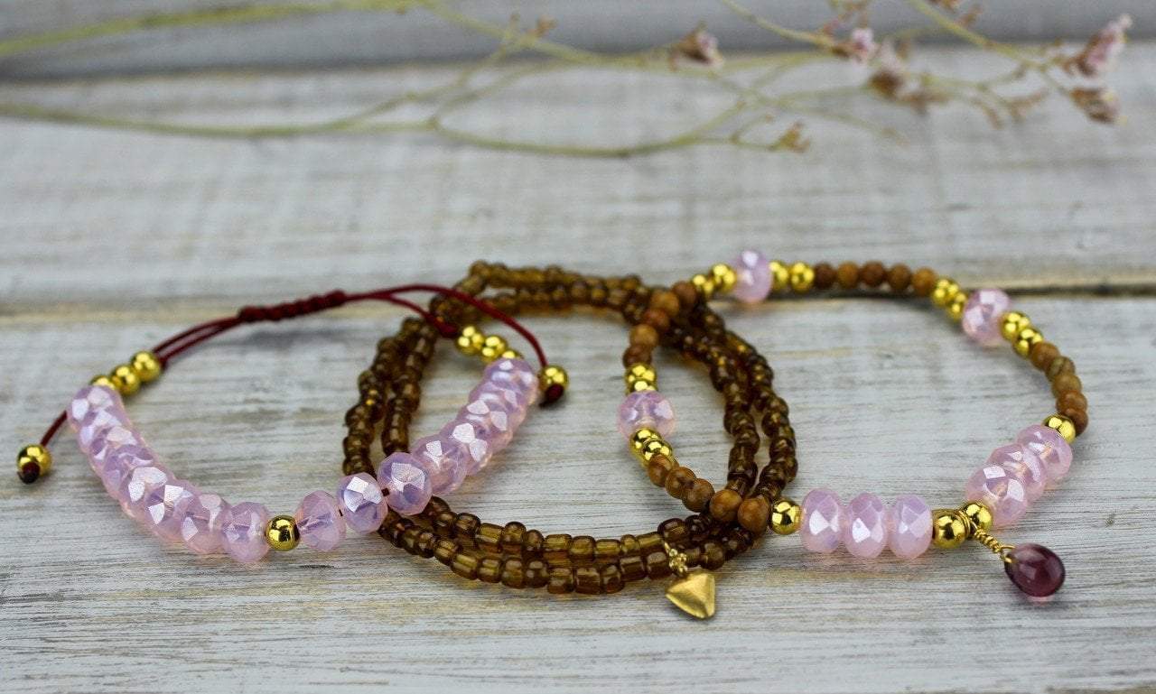 Hearts of Gold Wrist Mala Stack - Yoga Meditation Beaded Bracelet Set for Women, Boho Spiritual Jewelry Gift for Mindful Living & Positive Energy