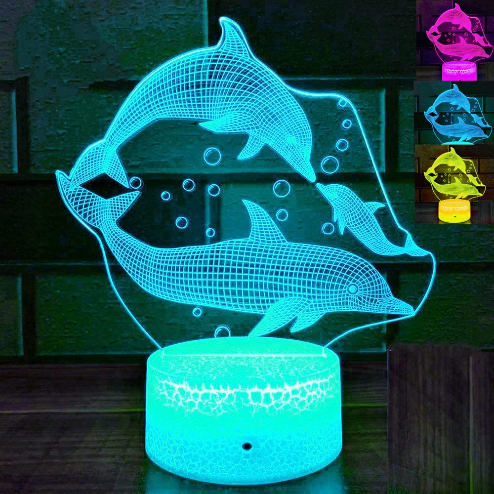 3D Dolphin Night Light - 7 Color Changing LED Table Lamp with Optical Illusion for Kids Room, Nursery, Bedroom Decor | Perfect Birthday Gift for Children, Christmas Home Decoration & Relaxing Mood Lighting