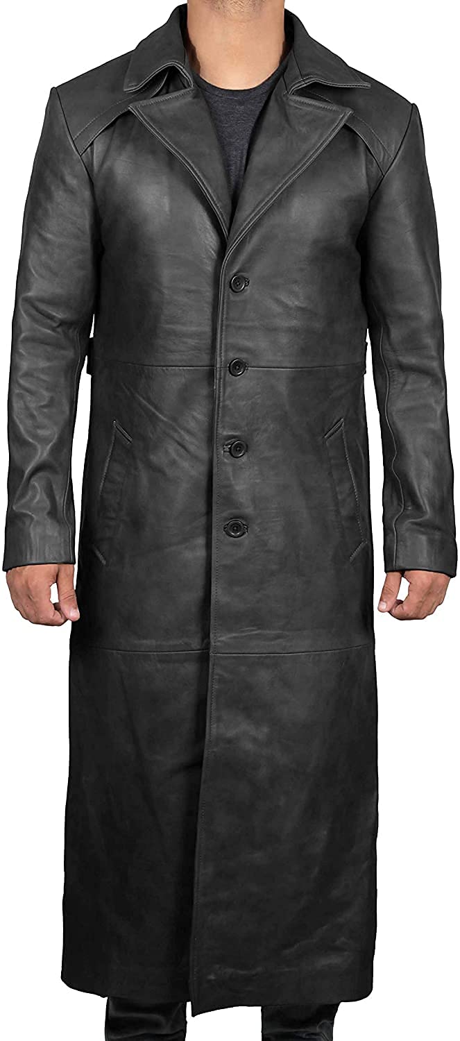 Genuine Lambskin Leather Trench Coat for Men - Full Length Peacoat Winter Jacket | Premium Real Leather Long Coat | Perfect for Formal Events, Business Meetings & Cold Weather Protection