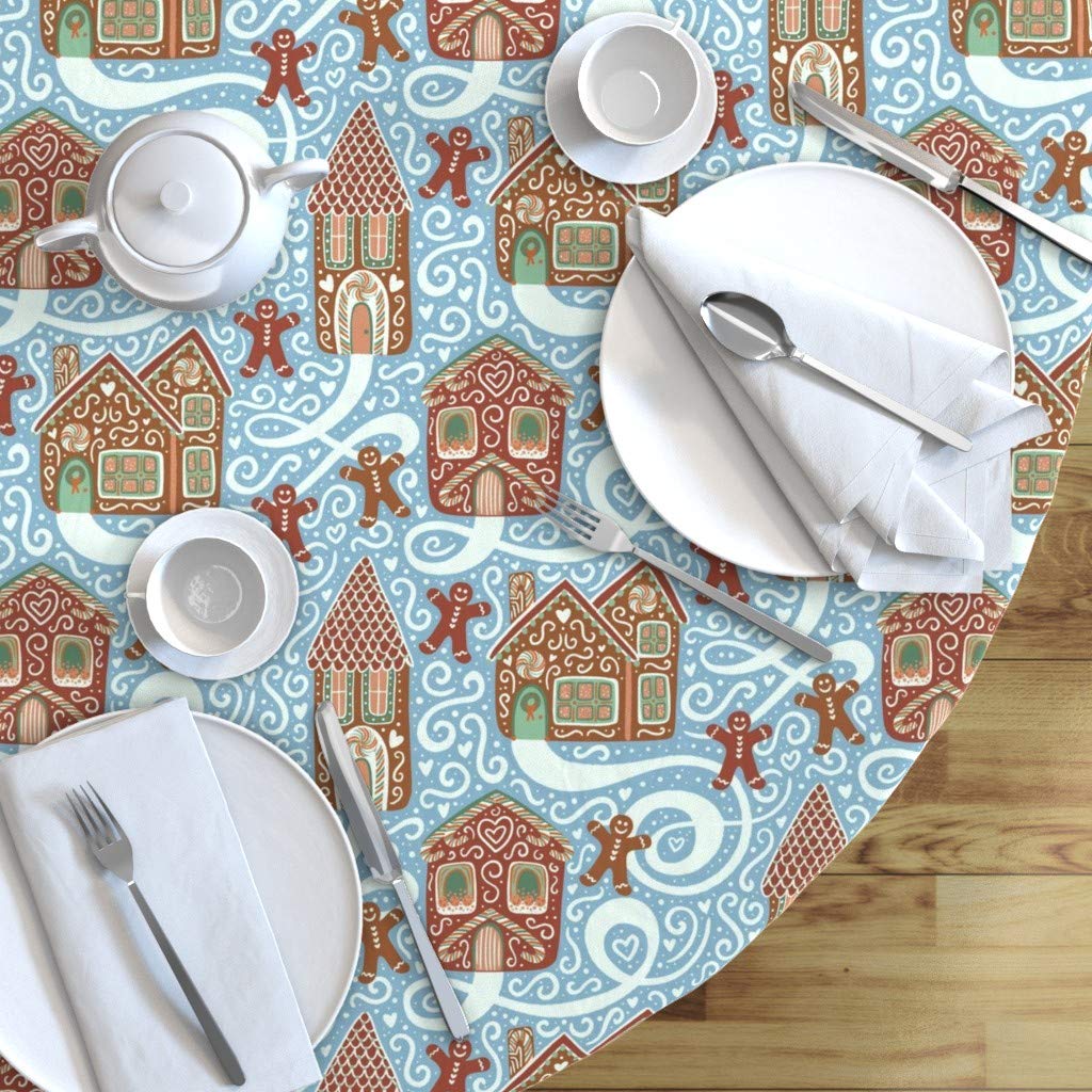 Snow Gingerbread Town Blue Christmas Cotton Sateen Tablecloth 90
