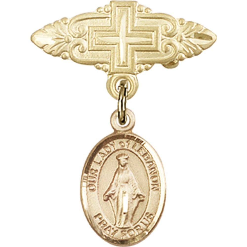 Our Lady of Lebanon Gold Filled Baby Badge with Cross Charm - 1 X 3/4 Inch Religious Jewelry Pin for Baptism, First Communion & Special Occasions