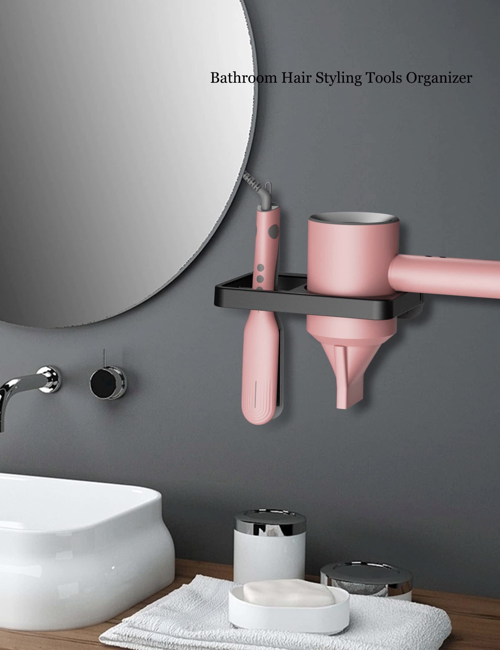 Wall Mount Hair Dryer Holder & Flat Iron Organizer - Black | Space-Saving Bathroom Storage for Blow Dryer, Straightener & Hair Tools | Perfect for Home, Salon & Travel Use
