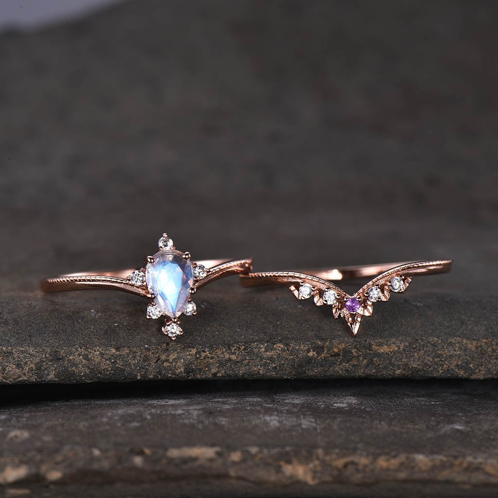 14K/18K Rose Gold Rainbow Moonstone Bridal Set with Diamond & Amethyst - Art Deco Engagement Ring & Wedding Band for Women - Perfect for Proposals, Anniversaries, and Special Occasions