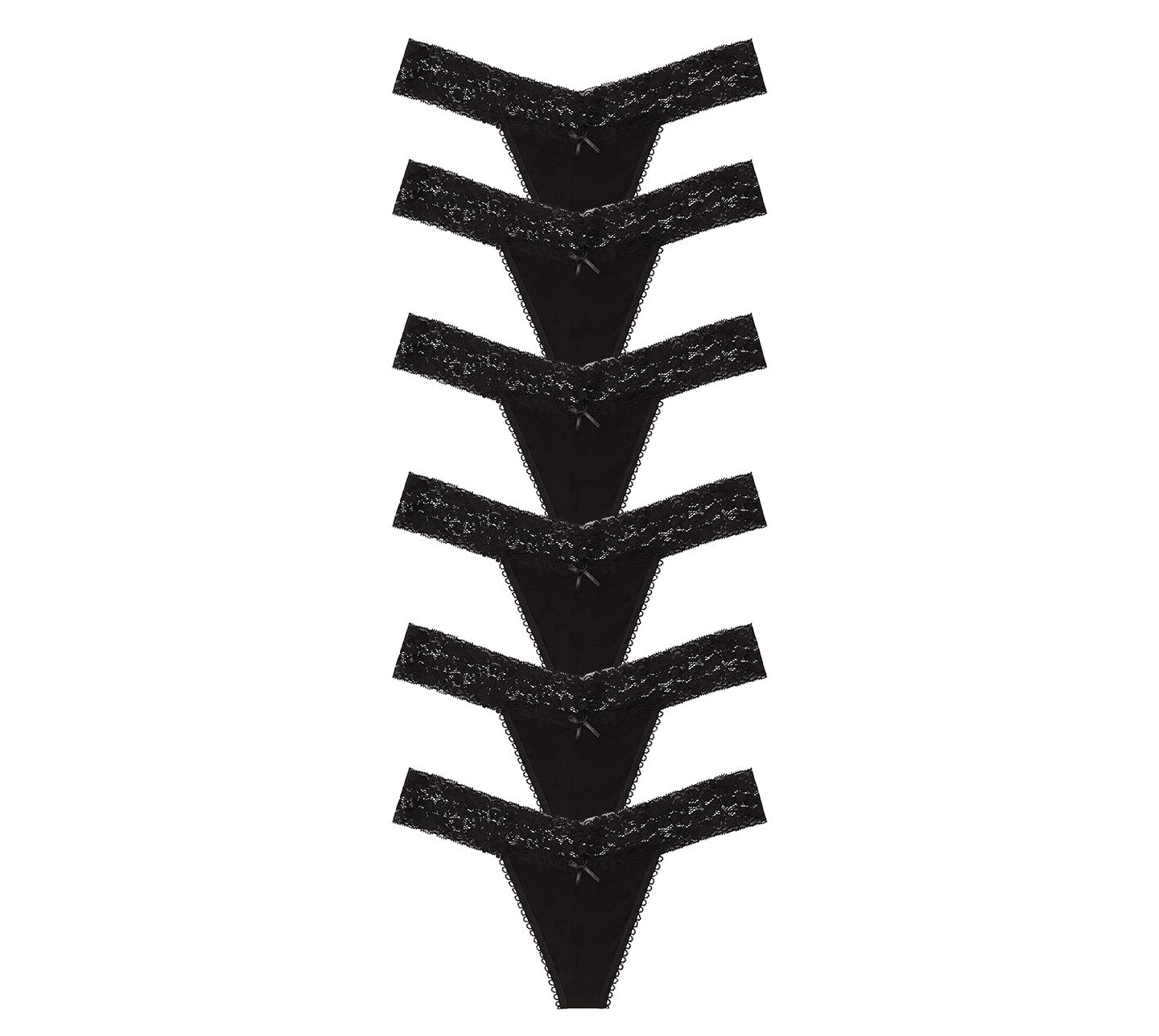 Nabtos Women's Cotton Thong Underwear with Lace Trim - 6 Pack G-String Panties in Black & Multi Colors | Comfortable Daily Wear & Special Occasion Lingerie