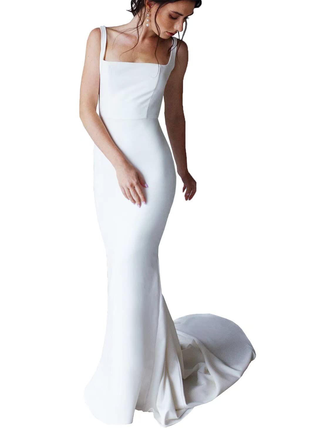 Elegant Square Neck Mermaid Wedding Dress - White Simple Bridal Gown with Sweep Train for Beach, Church & Formal Weddings