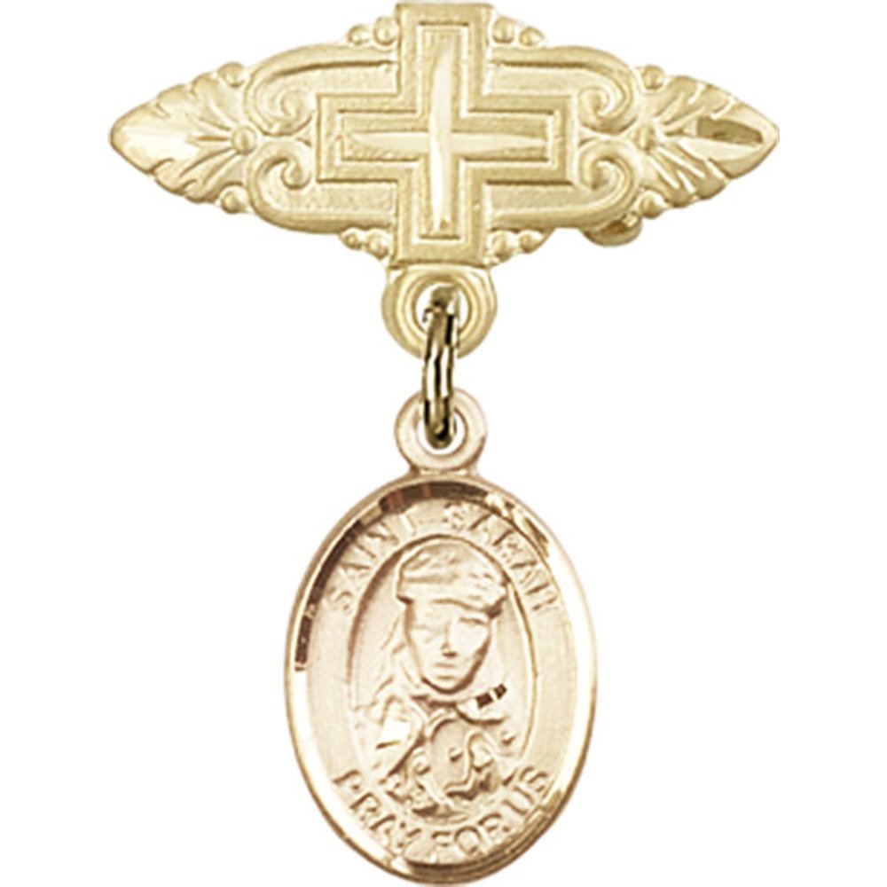 Gold Filled Baby Badge with St. Sarah Charm & Cross Pin - 1 X 3/4 Inch Religious Jewelry for Baptism, Christening & First Communion Gifts