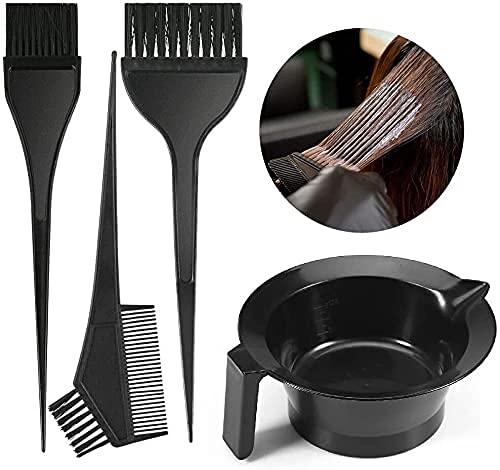 E-DUNIA Hair Dye Kit - 4 Piece Plastic Dye Brush & Mixing Bowl Set with 3 Brushes (Black) for Professional Salon & At-Home Hair Coloring
