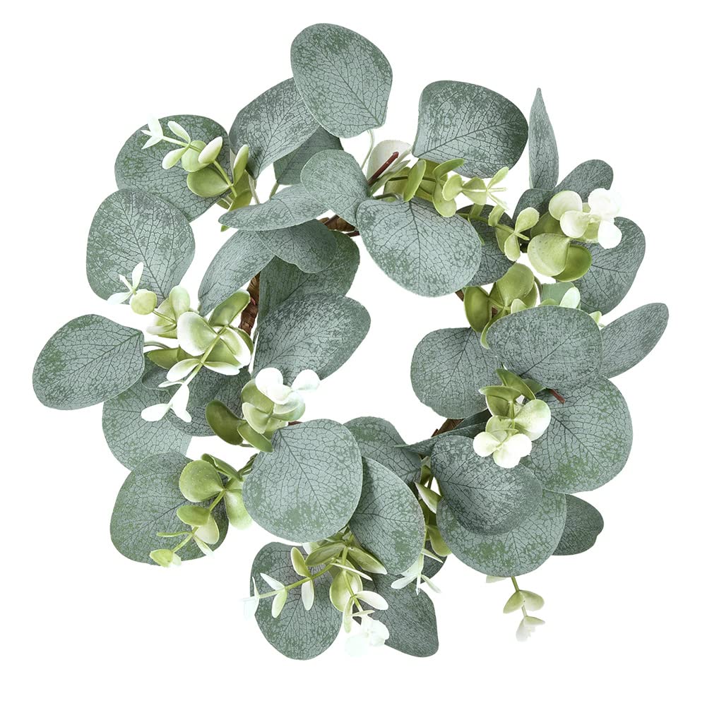 Artificial Eucalyptus Wreath - 9 Inch Farmhouse Greenery Garland for Kitchen, Cabinet, Dining Chairs & Tabletop Decor | Rustic Home Decor, Wedding Centerpiece & Seasonal Wall Hanging