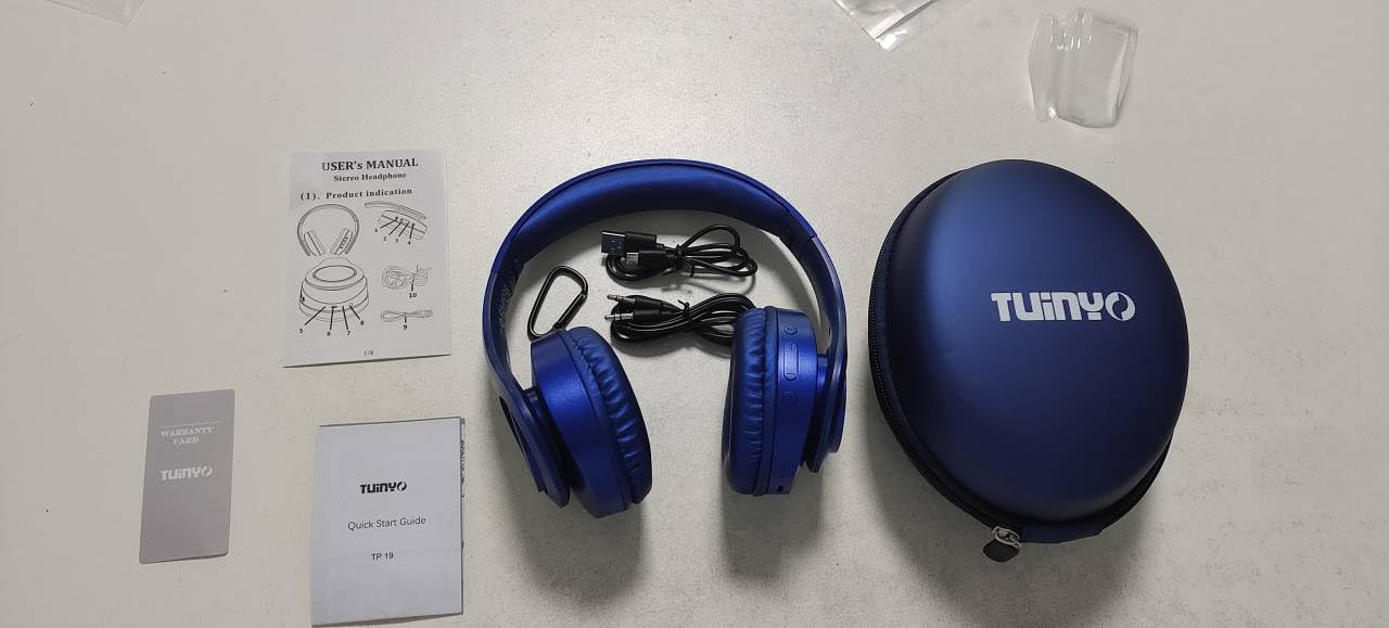 TUINYO Wireless Bluetooth Headphones Over Ear with 40H Playtime, Deep Bass & Built-in Mic - Soft Memory-Protein Earmuffs for PC, Cell Phone & TV (Dark Blue) - Perfect for Gaming, Workouts & Travel