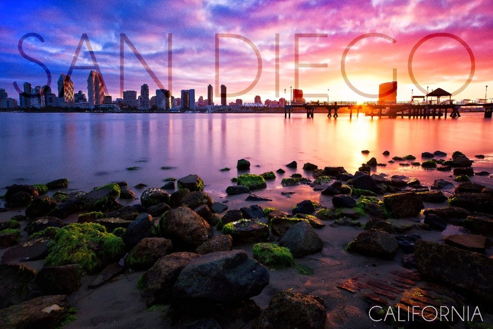 San Diego California Sunset Ocean Skyline Wall Art Poster - 12x18 Inch Coastal Decor for Living Room, Bedroom & Office