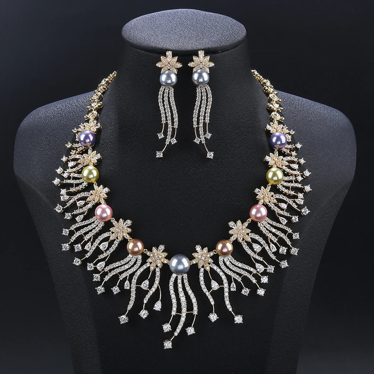 Luxury Bridal Jewelry Set - Pearl & Cubic Zirconia Necklace & Earrings Set for Women - Elegant Wedding, Party & Special Occasion Jewelry CN11558