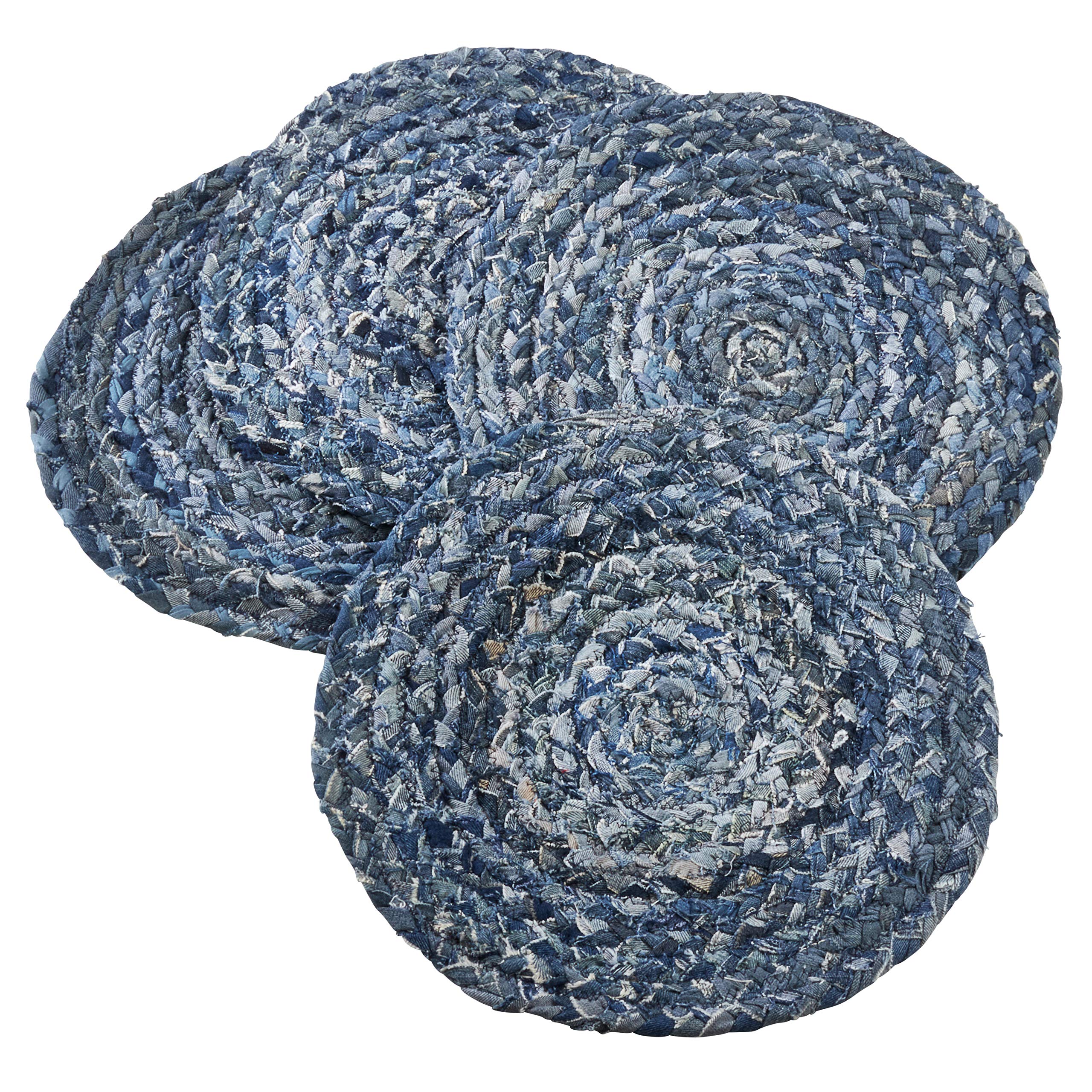 Eco-Friendly Denim Chindi Placemats Set of 4 - Handwoven Recycled Cotton Table Mats for Dining, Kitchen Decor, and Rustic Home Accessories | Perfect for Farmhouse, Boho, and Sustainable Living Styles