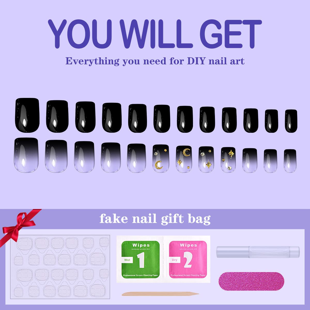 Yivaiks Black Press on Nails Short - Gothic Fake Nails with Glue, Gradient Star & Moon Design, Square False Nails for Women & Girls (24pcs) - Perfect for Halloween, Cosplay, Parties & Everyday Gothic Style