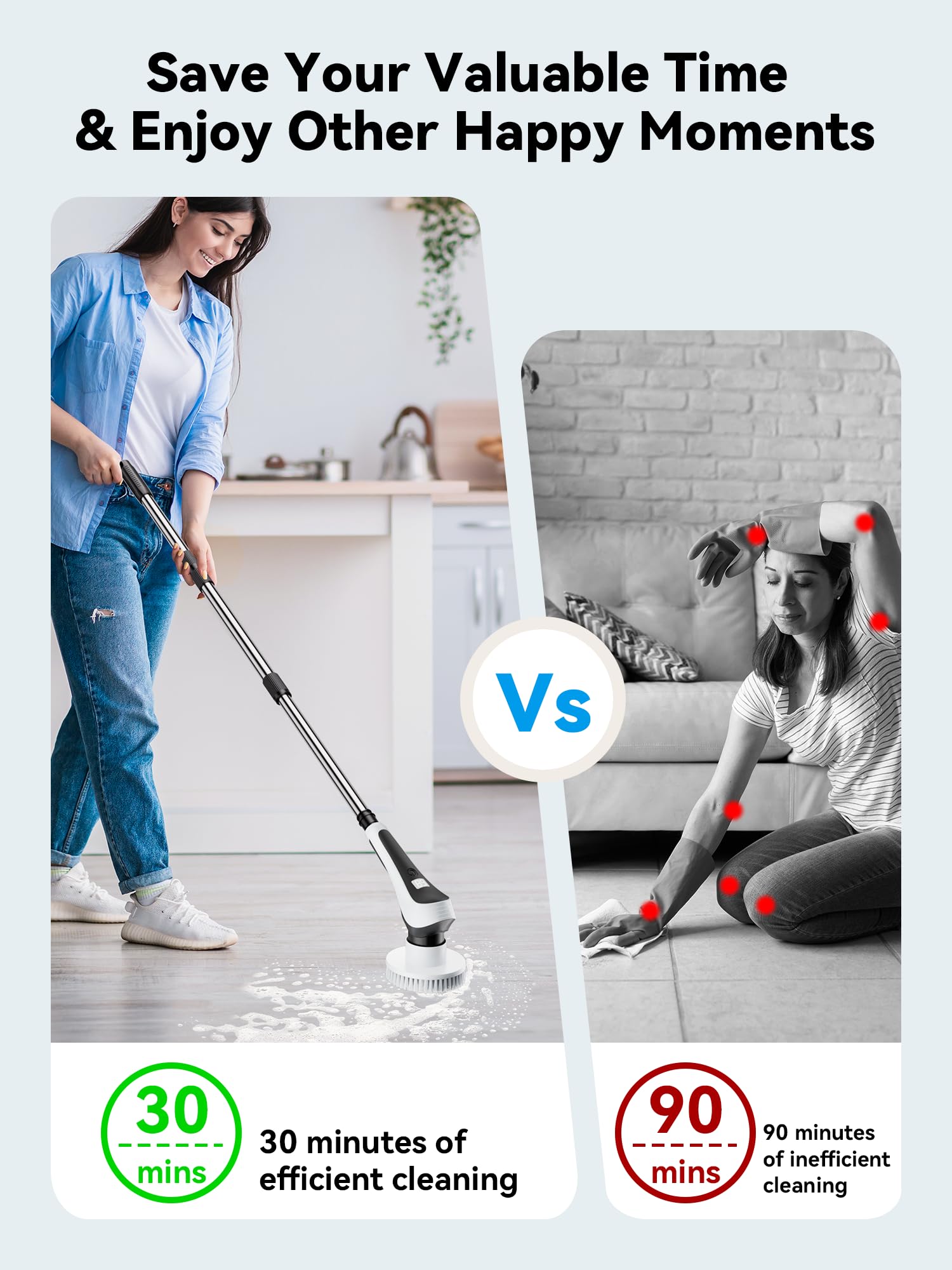 Electric Spin Scrubber - Cordless Cleaning Brush with Power Display, IP68 Waterproof Shower Scrubber, 8 Replaceable Brush Heads, Adjustable Handle & 2 Speed Settings for Bathroom, Kitchen & Tile Cleaning