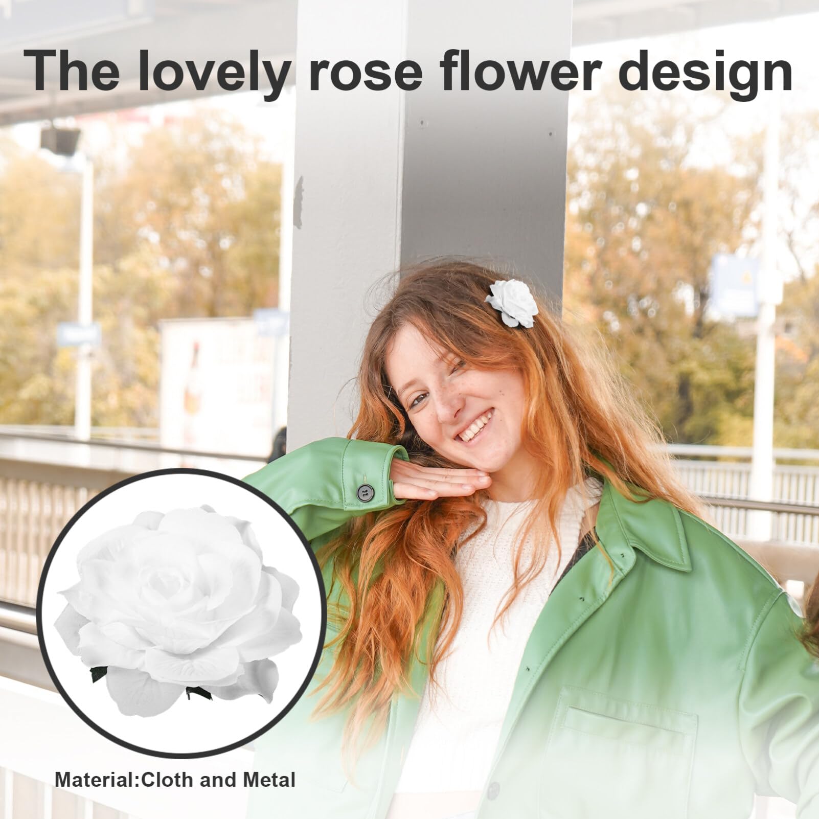 Minkissy White Rose Hair Clip & Brooch 2-in-1 for Women - Flamenco Dancer Pin Up Hair Accessory for Wedding, Party, Prom, and Special Occasions (White)